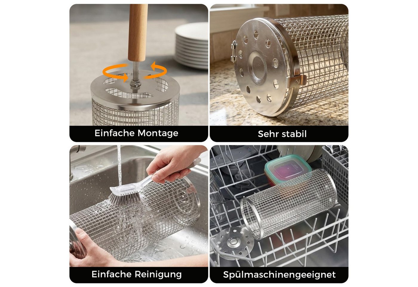 FOUORTUNATE-BEE Grillbesteck-Set 2er Set Edelstahl Rollendes Grillkorb mit Abnehmbarer Holzgriff, (Grillnetzrohr für Den Außengrill, Grillkorb Edelstahl Zylindrisch, Grill Zubehör)