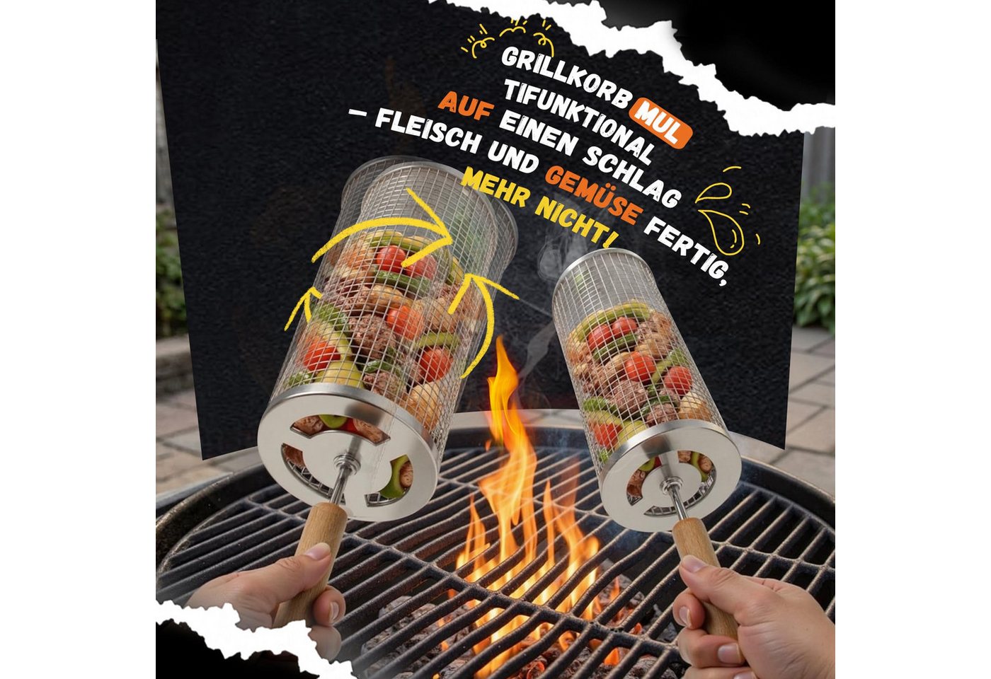 FOUORTUNATE-BEE Grillbesteck-Set 2er Set Edelstahl Rollendes Grillkorb mit Abnehmbarer Holzgriff, (Grillnetzrohr für Den Außengrill, Grillkorb Edelstahl Zylindrisch, Grill Zubehör) Bild 2