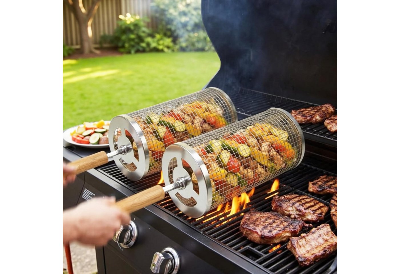 FOUORTUNATE-BEE Grillbesteck-Set 2er Set Edelstahl Rollendes Grillkorb mit Abnehmbarer Holzgriff, (Grillnetzrohr für Den Außengrill, Grillkorb Edelstahl Zylindrisch, Grill Zubehör) Bild 3