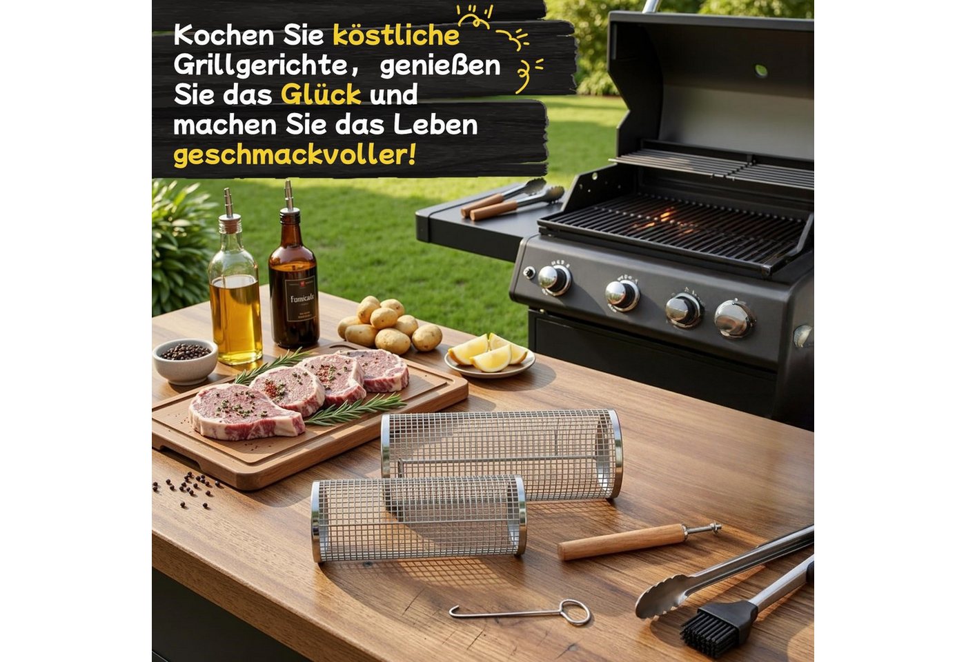 FOUORTUNATE-BEE Grillbesteck-Set 2er Set Edelstahl Rollendes Grillkorb mit Abnehmbarer Holzgriff, (Grillnetzrohr für Den Außengrill, Grillkorb Edelstahl Zylindrisch, Grill Zubehör) Bild 4