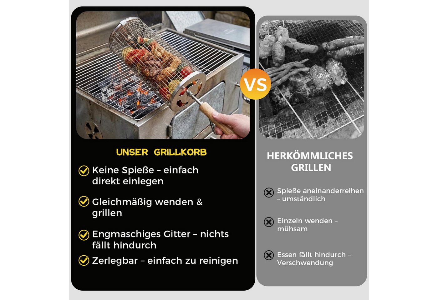 FOUORTUNATE-BEE Grillbesteck-Set 2er Set Edelstahl Rollendes Grillkorb mit Abnehmbarer Holzgriff, (Grillnetzrohr für Den Außengrill, Grillkorb Edelstahl Zylindrisch, Grill Zubehör) Bild 5