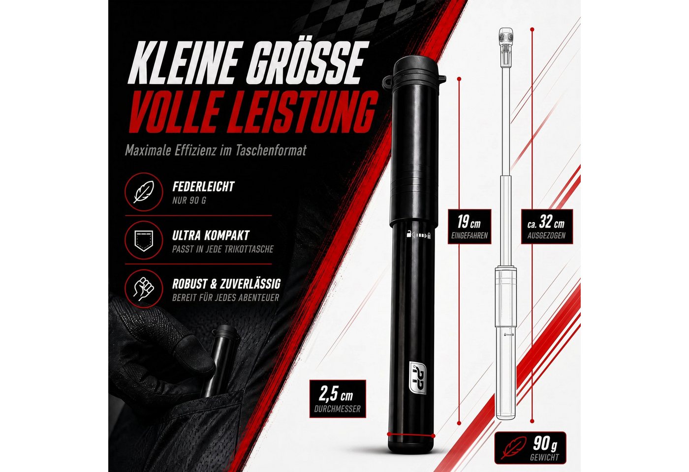 Pitlane Performance Luftpumpe Profi Fahrradpumpe Klein Mini Luftpumpe Fahrrad (für alle Ventile 11 Bar), Presta Schrader Dunlop Luftpumpe mit Halterung & flexiblem Schlauch