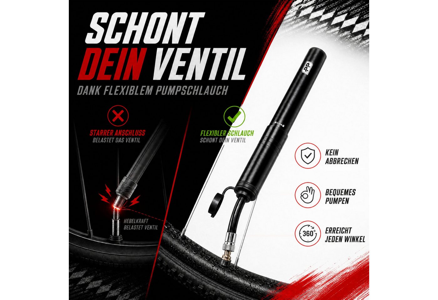 Pitlane Performance Luftpumpe Profi Fahrradpumpe Klein Mini Luftpumpe Fahrrad (für alle Ventile 11 Bar), Presta Schrader Dunlop Luftpumpe mit Halterung & flexiblem Schlauch Bild 2