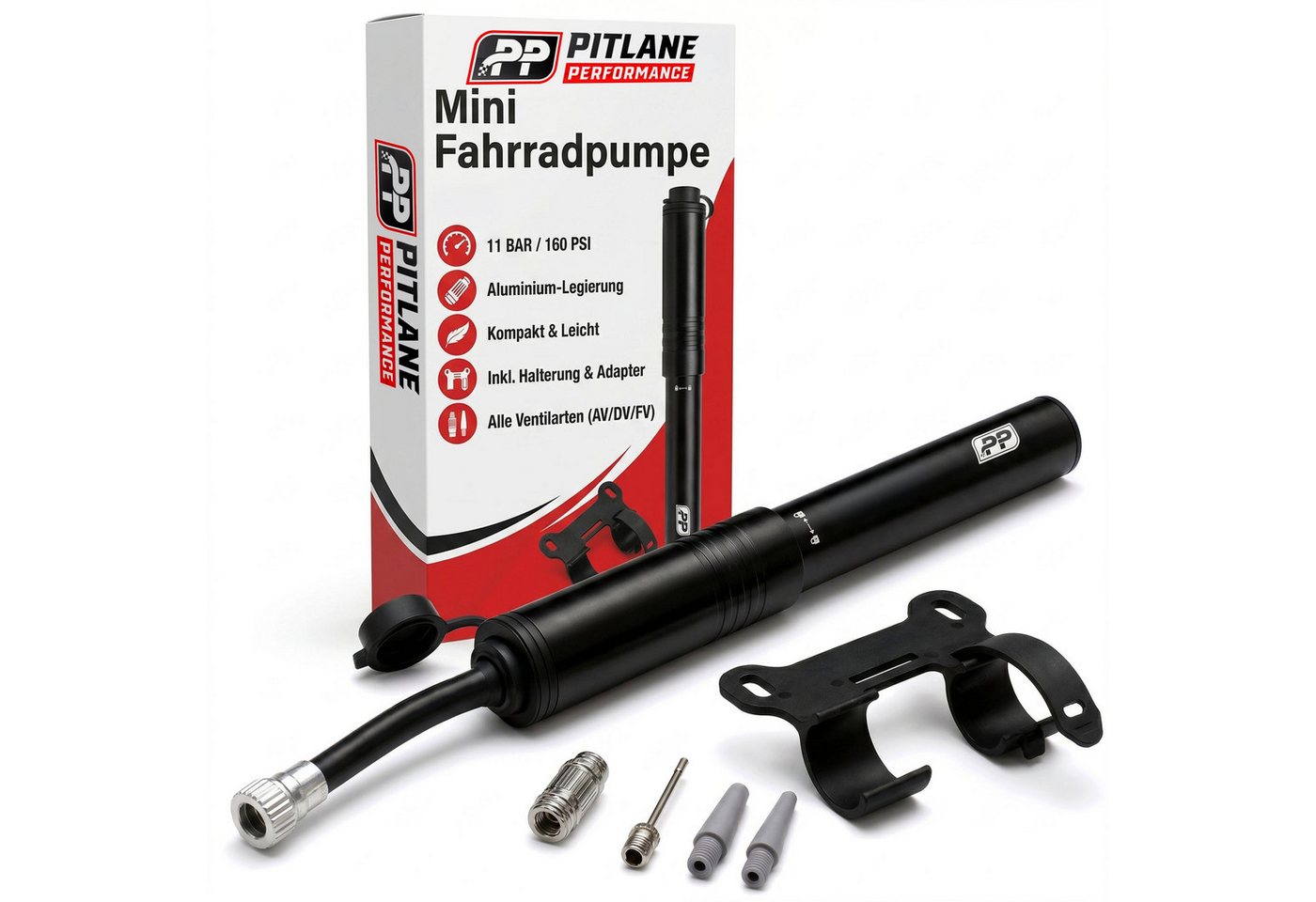 Pitlane Performance Luftpumpe Profi Fahrradpumpe Klein Mini Luftpumpe Fahrrad (für alle Ventile 11 Bar), Presta Schrader Dunlop Luftpumpe mit Halterung & flexiblem Schlauch Bild 3