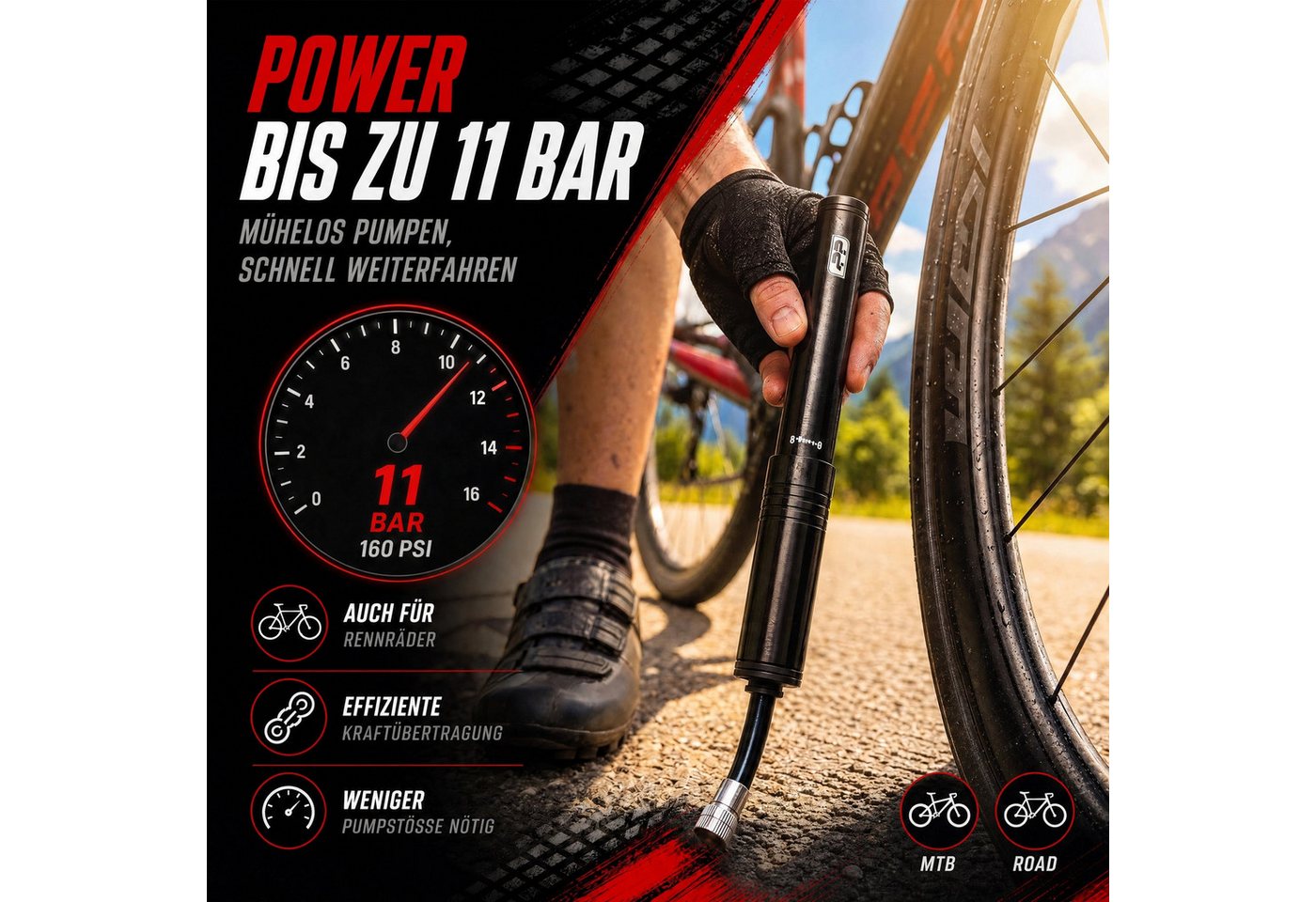 Pitlane Performance Luftpumpe Profi Fahrradpumpe Klein Mini Luftpumpe Fahrrad (für alle Ventile 11 Bar), Presta Schrader Dunlop Luftpumpe mit Halterung & flexiblem Schlauch Bild 4