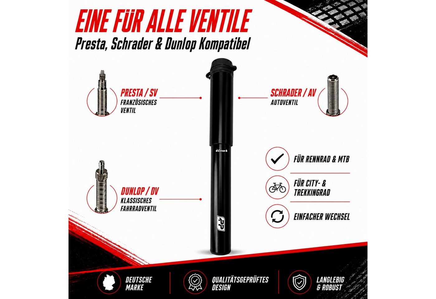 Pitlane Performance Luftpumpe Profi Fahrradpumpe Klein Mini Luftpumpe Fahrrad (für alle Ventile 11 Bar), Presta Schrader Dunlop Luftpumpe mit Halterung & flexiblem Schlauch Bild 5