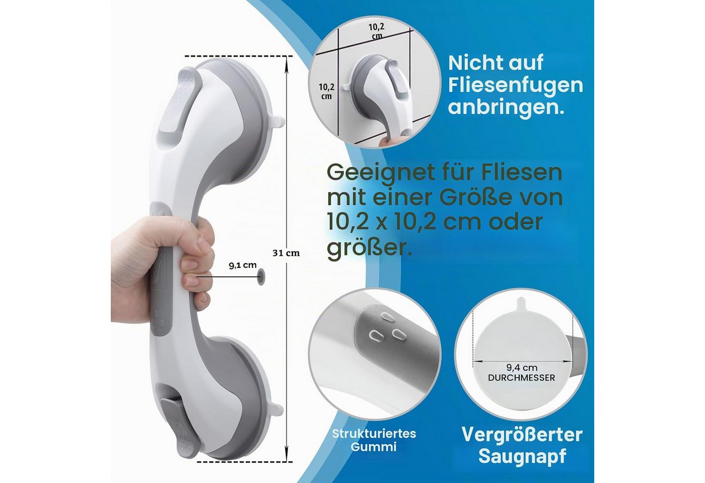 FELIXLEO Haltegriff Duschgriff 31cm Saugnapf ohne Bohren Senioren Badewanne 110kg