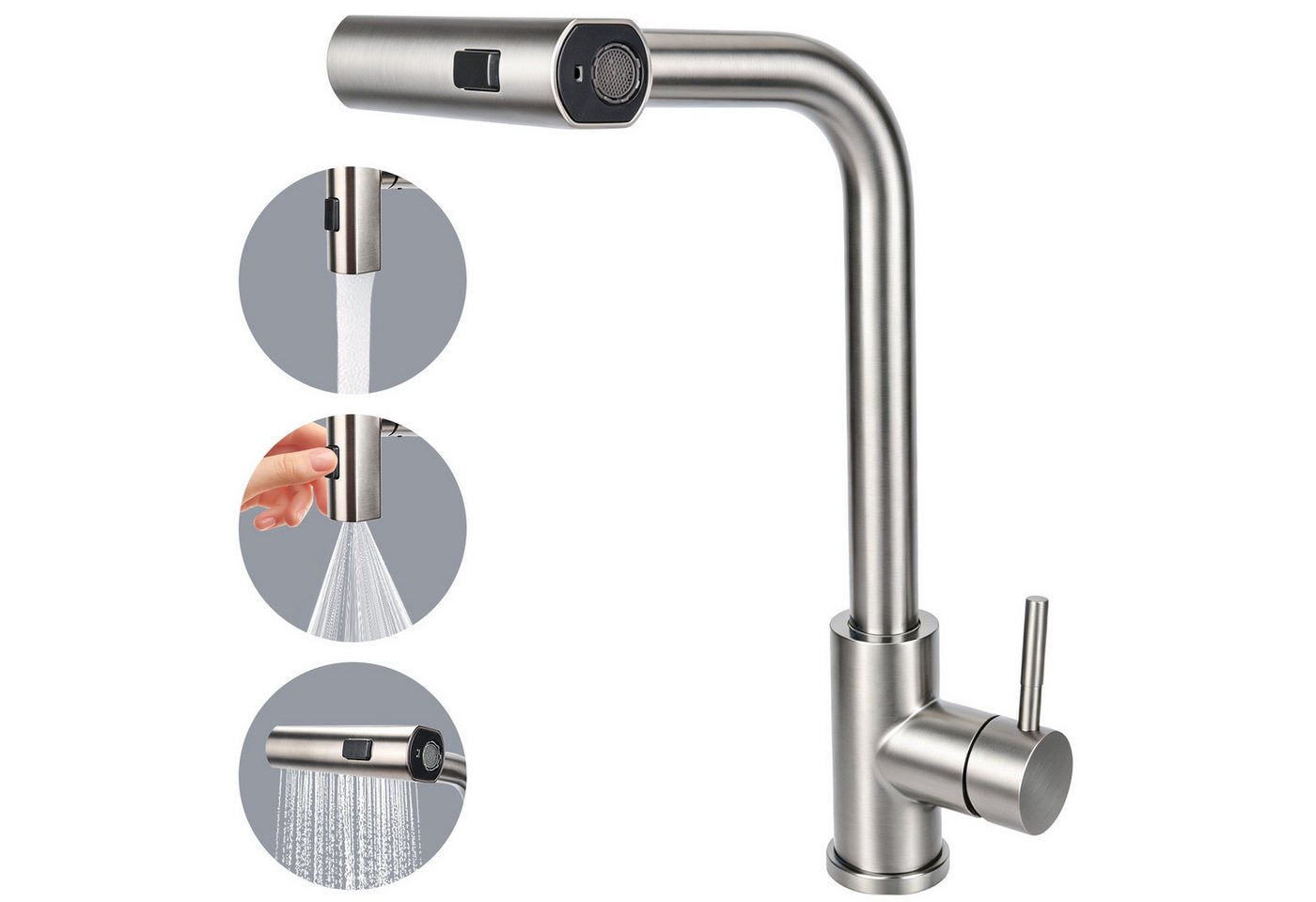 Lumkudos Küchenarmatur Wasserhahn Küche, ausziehbar 360° schwenkbar mit 3 Sprühfunktionen (Küchenarmatur Set, 1-St., Max.40, G3/8, ø32-35mm, Abnehmbarer Behälter) 40 cm Ausziehbarer Schlauch, Gerader Strahl/Punktstrahl/Brausestrahl