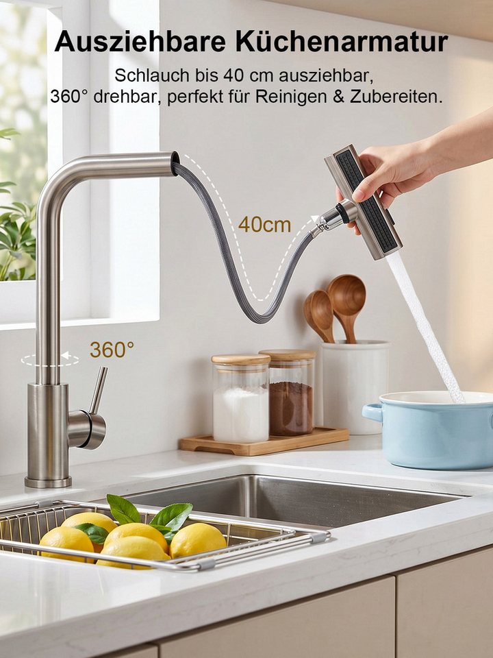 Lumkudos Küchenarmatur Wasserhahn Küche, ausziehbar 360° schwenkbar mit 3 Sprühfunktionen (Küchenarmatur Set, 1-St., Max.40, G3/8, ø32-35mm, Abnehmbarer Behälter) 40 cm Ausziehbarer Schlauch, Gerader Strahl/Punktstrahl/Brausestrahl Bild 2