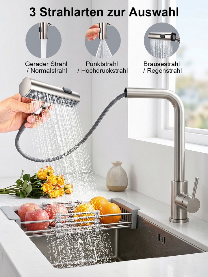 Lumkudos Küchenarmatur Wasserhahn Küche, ausziehbar 360° schwenkbar mit 3 Sprühfunktionen (Küchenarmatur Set, 1-St., Max.40, G3/8, ø32-35mm, Abnehmbarer Behälter) 40 cm Ausziehbarer Schlauch, Gerader Strahl/Punktstrahl/Brausestrahl Bild 3