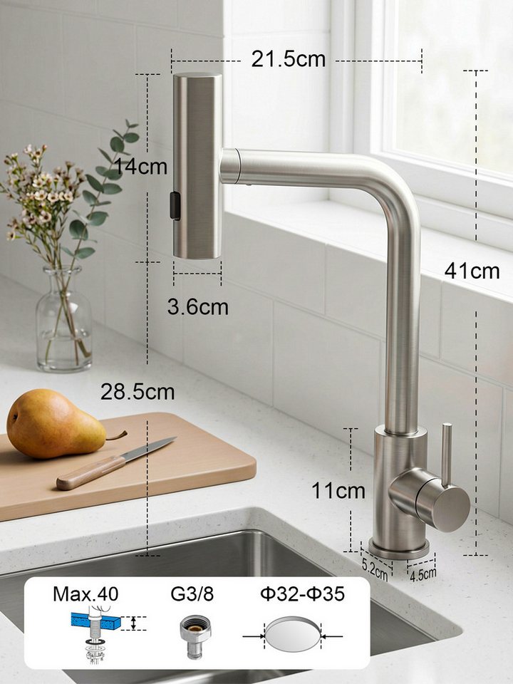 Lumkudos Küchenarmatur Wasserhahn Küche, ausziehbar 360° schwenkbar mit 3 Sprühfunktionen (Küchenarmatur Set, 1-St., Max.40, G3/8, ø32-35mm, Abnehmbarer Behälter) 40 cm Ausziehbarer Schlauch, Gerader Strahl/Punktstrahl/Brausestrahl Bild 4