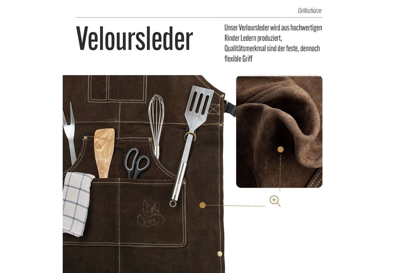 BLACK FOREST FOX Grillschürze ROUGH SET Büffelleder Grill Koch & Küchen Schürze + Holly Holster, (Set), SET Dunkelbraun