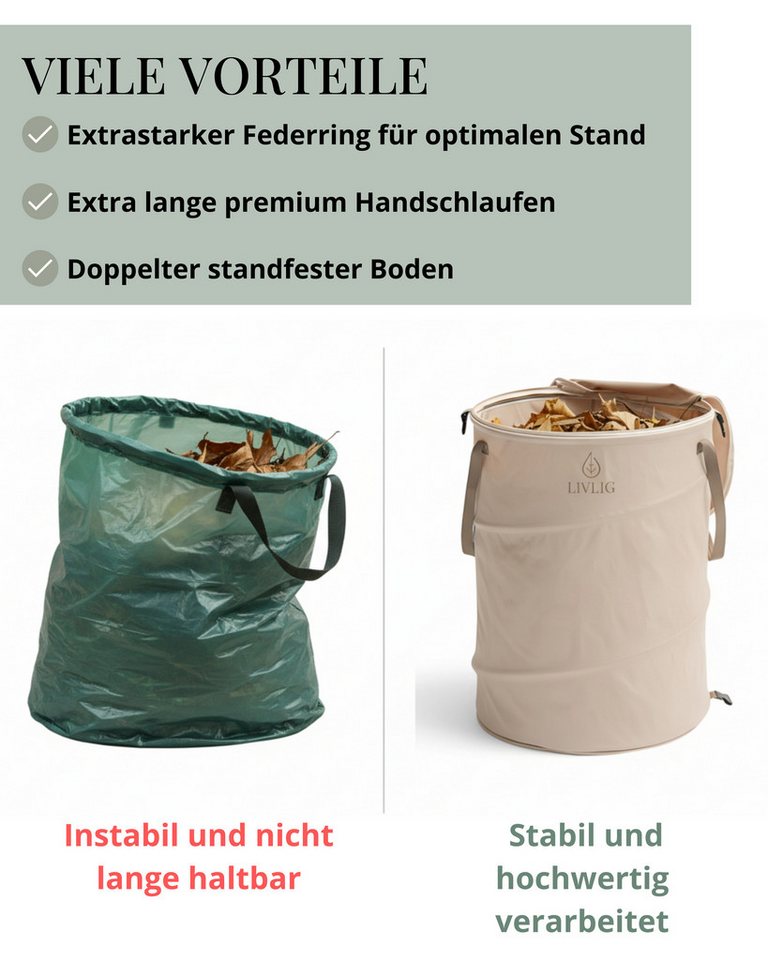 LIVLIG Gartensack 90L, Laubsack mit Deckel, Pop-Up Gartenabfallsack, für Laubabfälle, Gras-Schnitt, Wäsche, Kinderspielzeug, (1-tlg), Gartensack, Wäschesack, faltbarer Laubsack