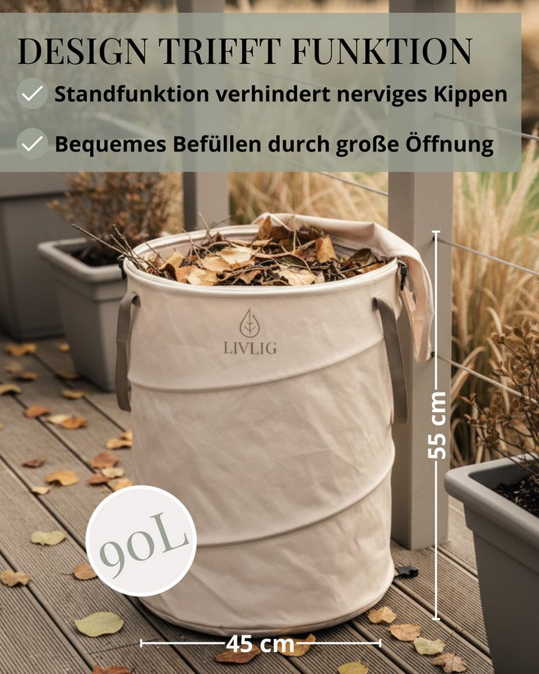 LIVLIG Gartensack 90L, Laubsack mit Deckel, Pop-Up Gartenabfallsack, für Laubabfälle, Gras-Schnitt, Wäsche, Kinderspielzeug, (1-tlg), Gartensack, Wäschesack, faltbarer Laubsack Bild 2