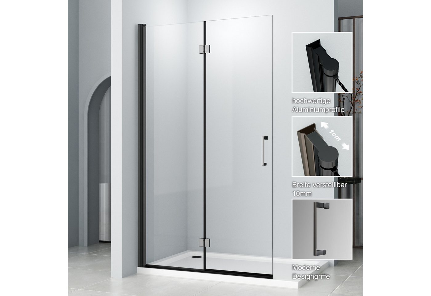 Hopibath Walk-in-Dusche Duschwand Schwarz Duschabtrennung faltbar, 5mm Nano Glas, (Falttür Rahmenlos, Höhe:195cm), 180° Faltbar, Rechts-und Links montierbar