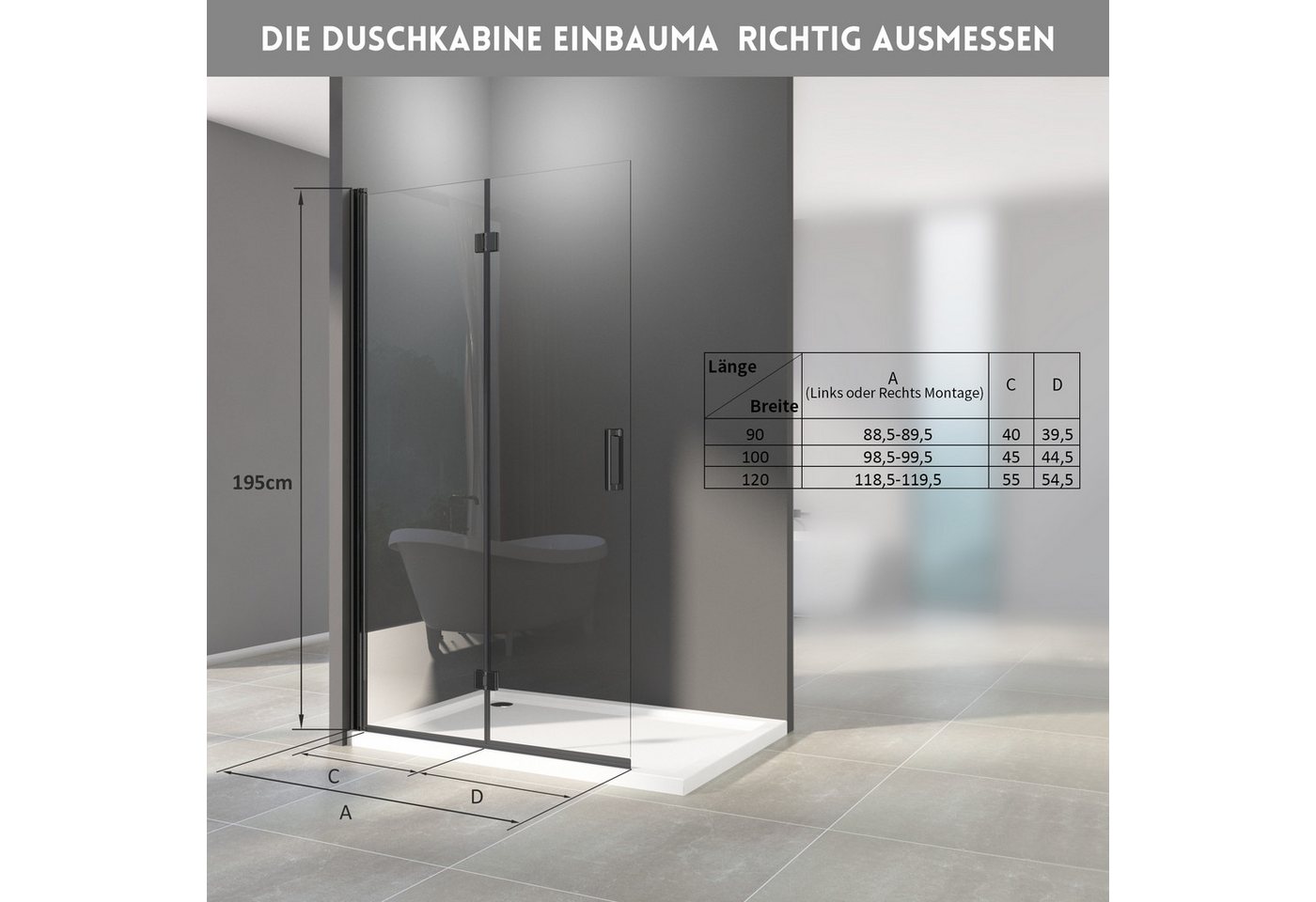 Hopibath Walk-in-Dusche Duschwand Schwarz Duschabtrennung faltbar, 5mm Nano Glas, (Falttür Rahmenlos, Höhe:195cm), 180° Faltbar, Rechts-und Links montierbar Bild 4