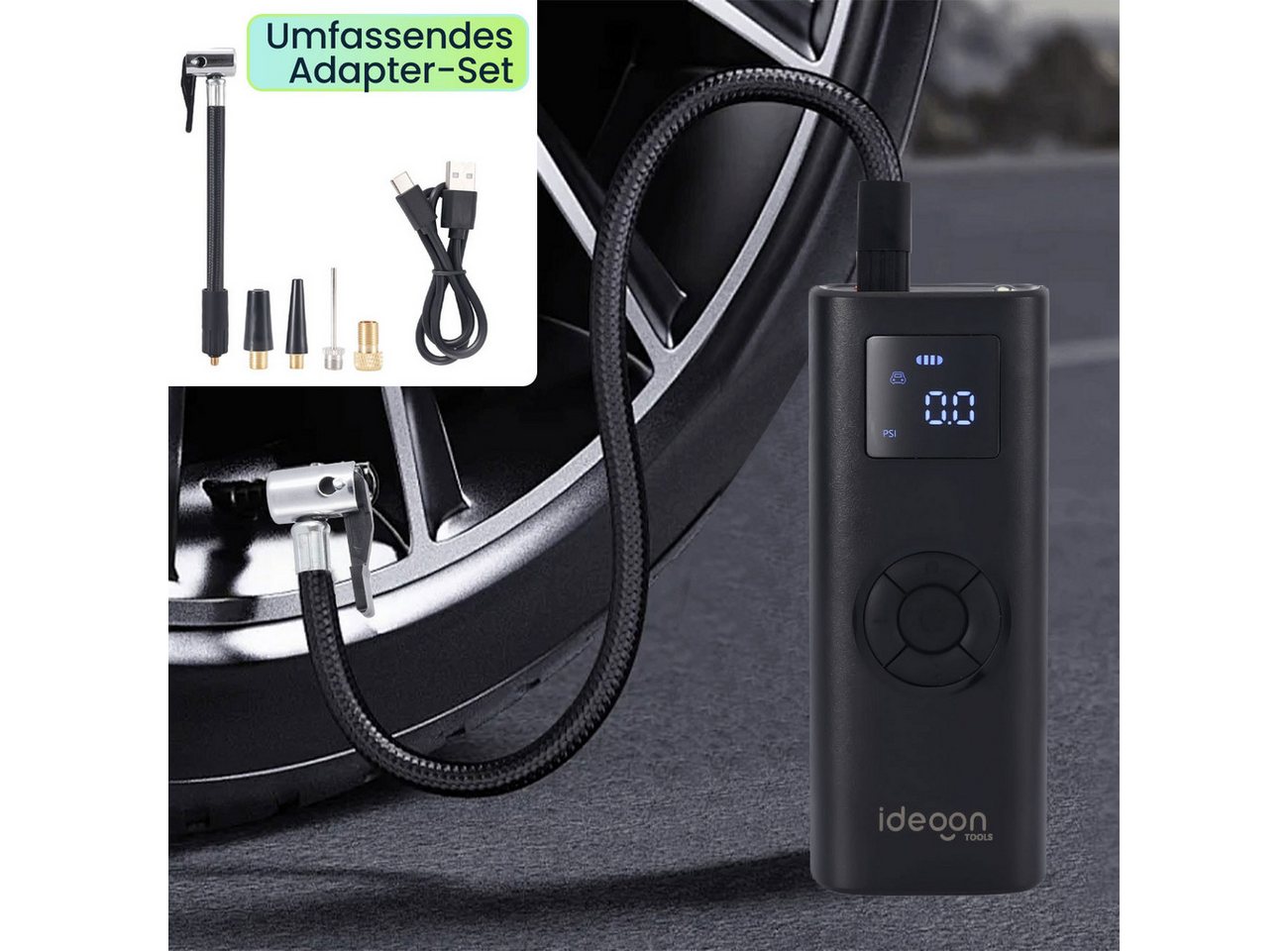 shop'n smile ideoon Akku-Luftpumpe Akku Kompressor 150PSI Mobile Luftpumpe für Reifen & Bälle 4000mAh 35W, Auto-Stopp-Funktion 150 psi LCD-Display & LED-Taschenlampe Bild 3