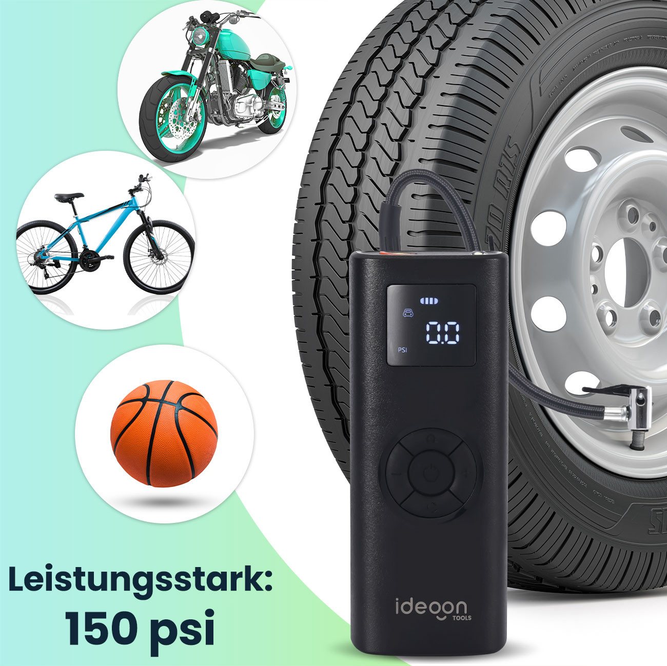 shop'n smile ideoon Akku-Luftpumpe Akku Kompressor 150PSI Mobile Luftpumpe für Reifen & Bälle 4000mAh 35W, Auto-Stopp-Funktion 150 psi LCD-Display & LED-Taschenlampe Bild 4