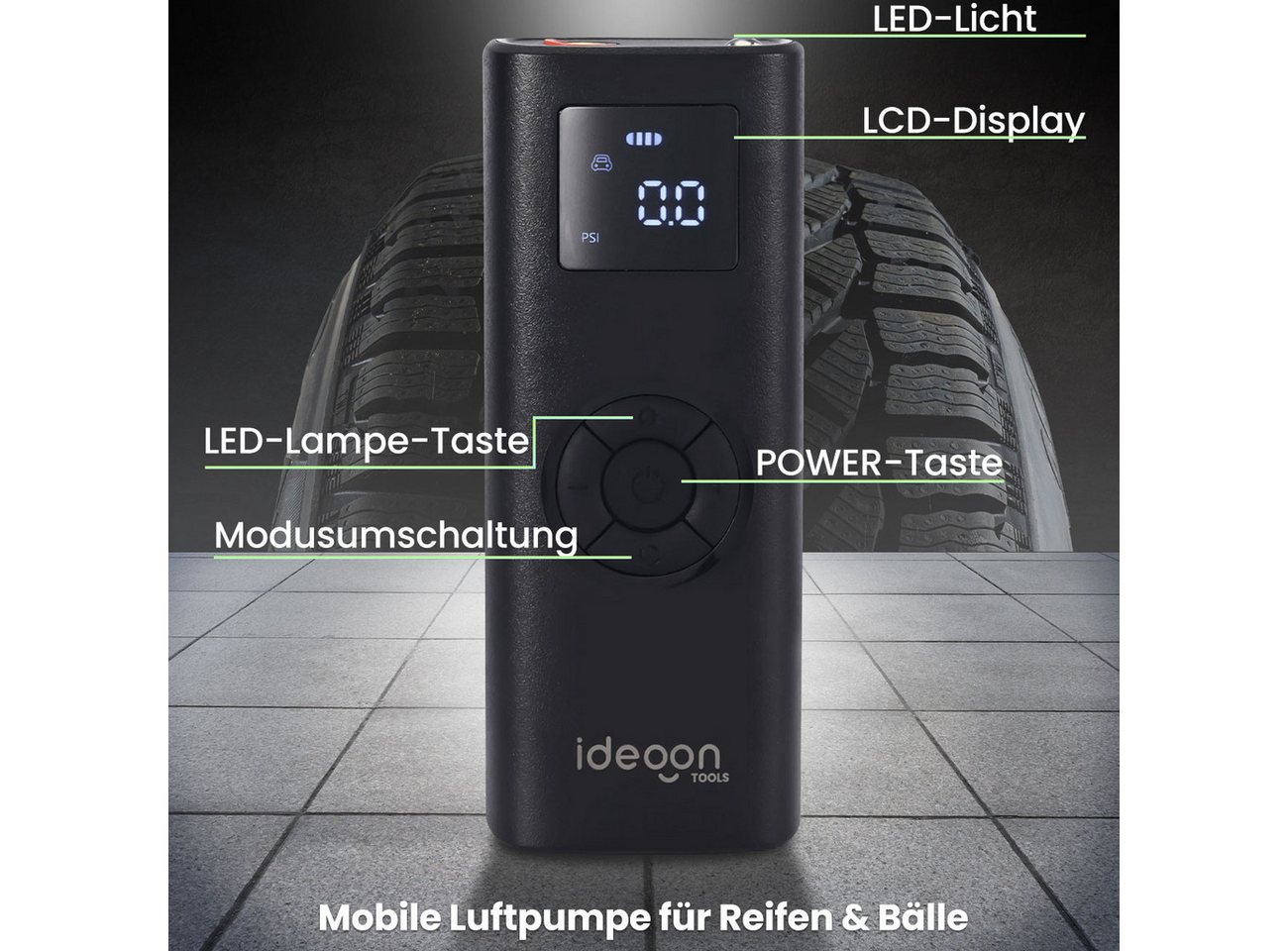 shop'n smile ideoon Akku-Luftpumpe Akku Kompressor 150PSI Mobile Luftpumpe für Reifen & Bälle 4000mAh 35W, Auto-Stopp-Funktion 150 psi LCD-Display & LED-Taschenlampe Bild 5