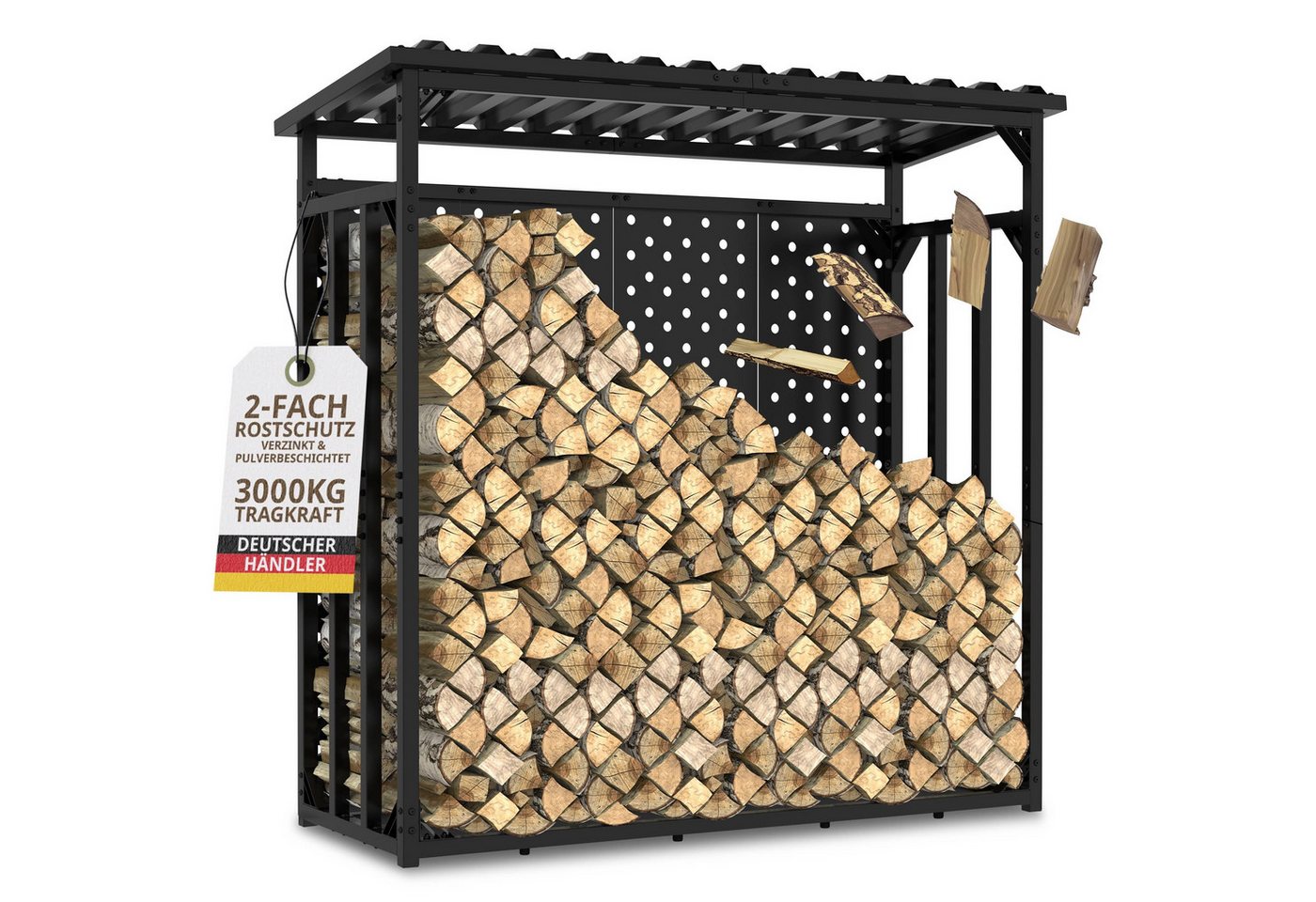 LAWA Living and Lifestyle Kaminholzregal außen mit Rückwand Brennholzregal Metall Stapelhilfe verzinkt, BxTxH:186x88x187 cm, Feuerholz Regal mit Dach, Kaminholzlager Outdoor, Kaminholz Unterstand