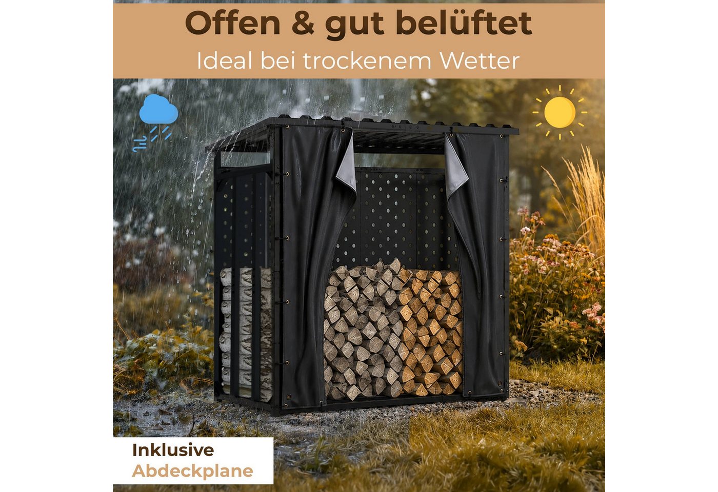 LAWA Living and Lifestyle Kaminholzregal außen mit Rückwand Brennholzregal Metall Stapelhilfe verzinkt, BxTxH:186x88x187 cm, Feuerholz Regal mit Dach, Kaminholzlager Outdoor, Kaminholz Unterstand Bild 2