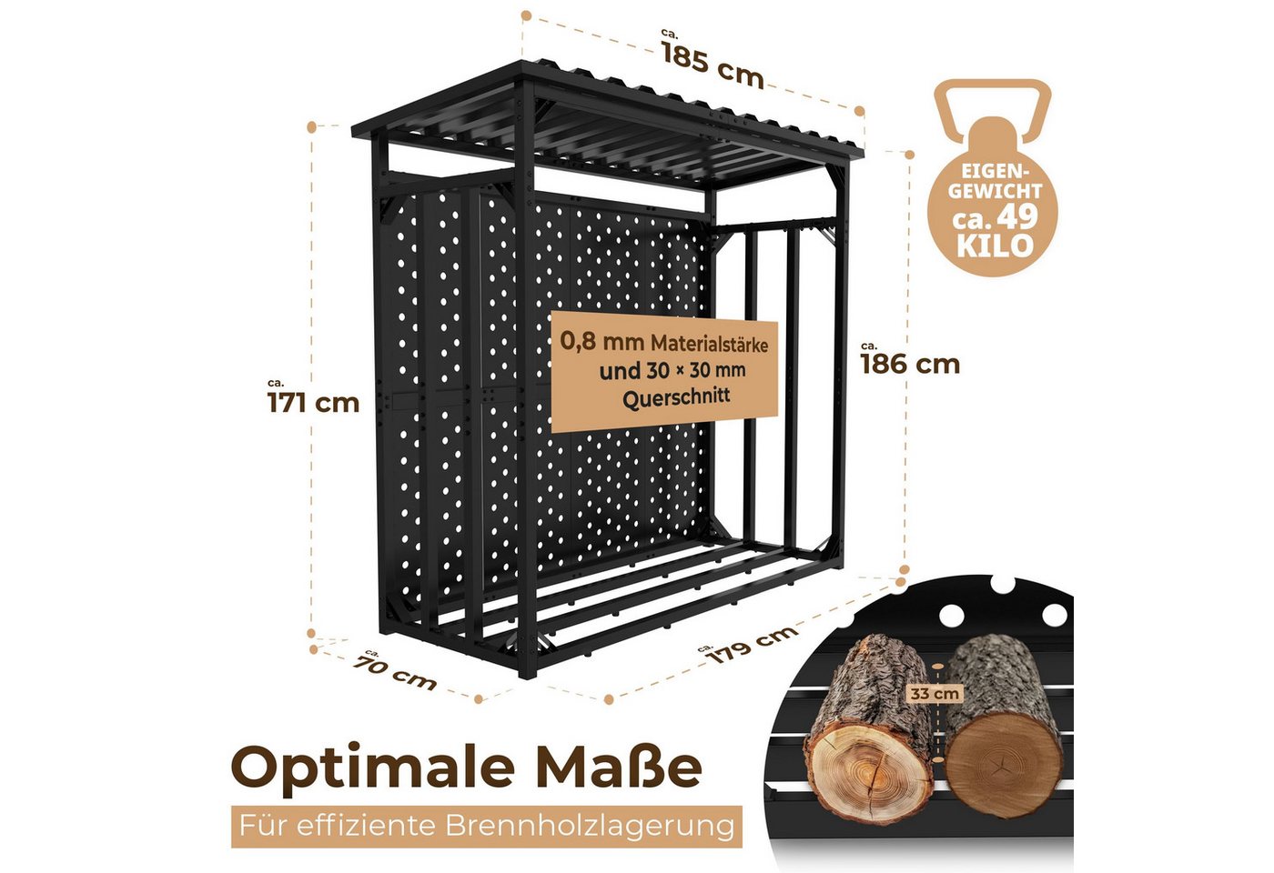 LAWA Living and Lifestyle Kaminholzregal außen mit Rückwand Brennholzregal Metall Stapelhilfe verzinkt, BxTxH:186x88x187 cm, Feuerholz Regal mit Dach, Kaminholzlager Outdoor, Kaminholz Unterstand Bild 4