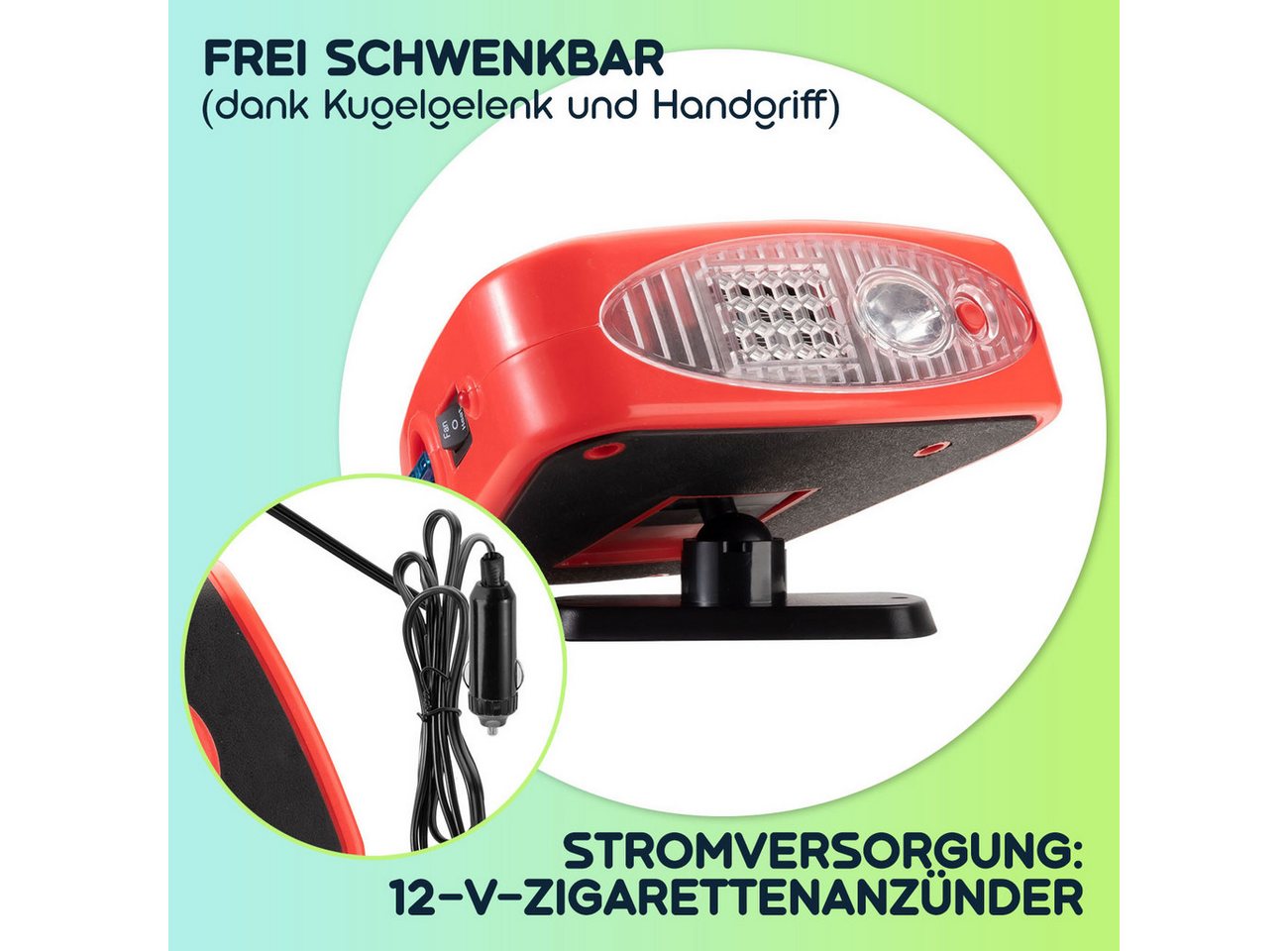 Casativo Heizlüfter Auto Zusatzheizlüfter 12V 150W Autoheizung Enteisen & Wärmen, 360° Kugelkopf-Halterung/via 12V Zigarettenanzünder/inkl. Lampe 2LEDs