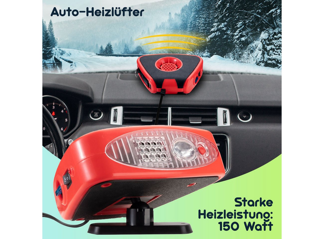 Casativo Heizlüfter Auto Zusatzheizlüfter 12V 150W Autoheizung Enteisen & Wärmen, 360° Kugelkopf-Halterung/via 12V Zigarettenanzünder/inkl. Lampe 2LEDs Bild 3