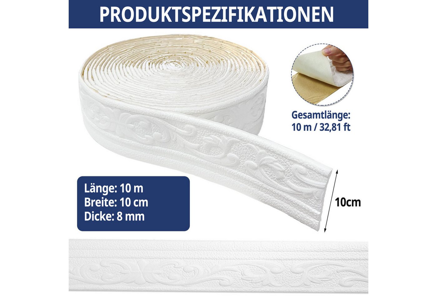 Zyronn Sockelleiste 10m*11cm selbstklebende Schaumstoffsockelleiste, L: 10 cm, H: 11 cm, 3D-Relief sockelleiste, wasserdichte Bordüre Bild 5