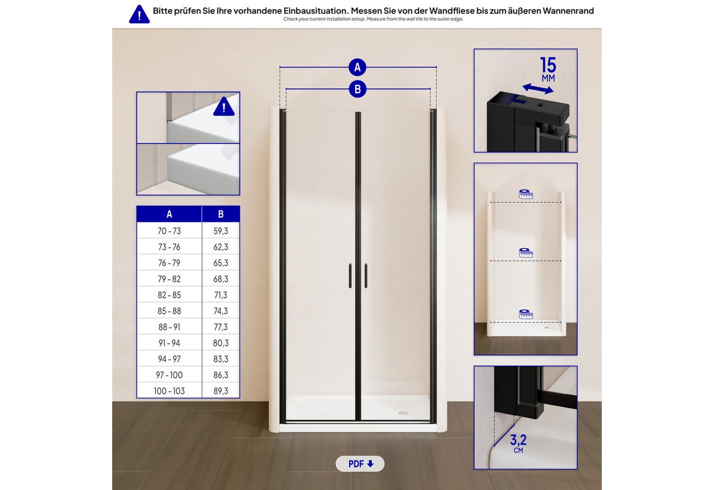 i-flair Dusch-Doppelflügeltür Duschtür 70-73 cm - Höhe: 180 cm, aus durchsichtigem 6 mm ESG, 70x180 cm, Einscheibensicherheitsglas, (ohne Duschtasse, mit hochwertigen Aluminiumprofilen in schwarz) ebenerdiger Einbau möglich, mit Pendeltüren Bild 3