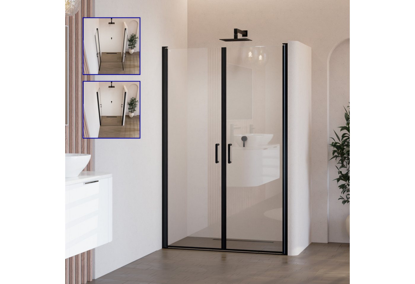 i-flair Dusch-Doppelflügeltür Duschtür 70-73 cm - Höhe: 180 cm, aus durchsichtigem 6 mm ESG, 70x180 cm, Einscheibensicherheitsglas, (ohne Duschtasse, mit hochwertigen Aluminiumprofilen in schwarz) ebenerdiger Einbau möglich, mit Pendeltüren Bild 5