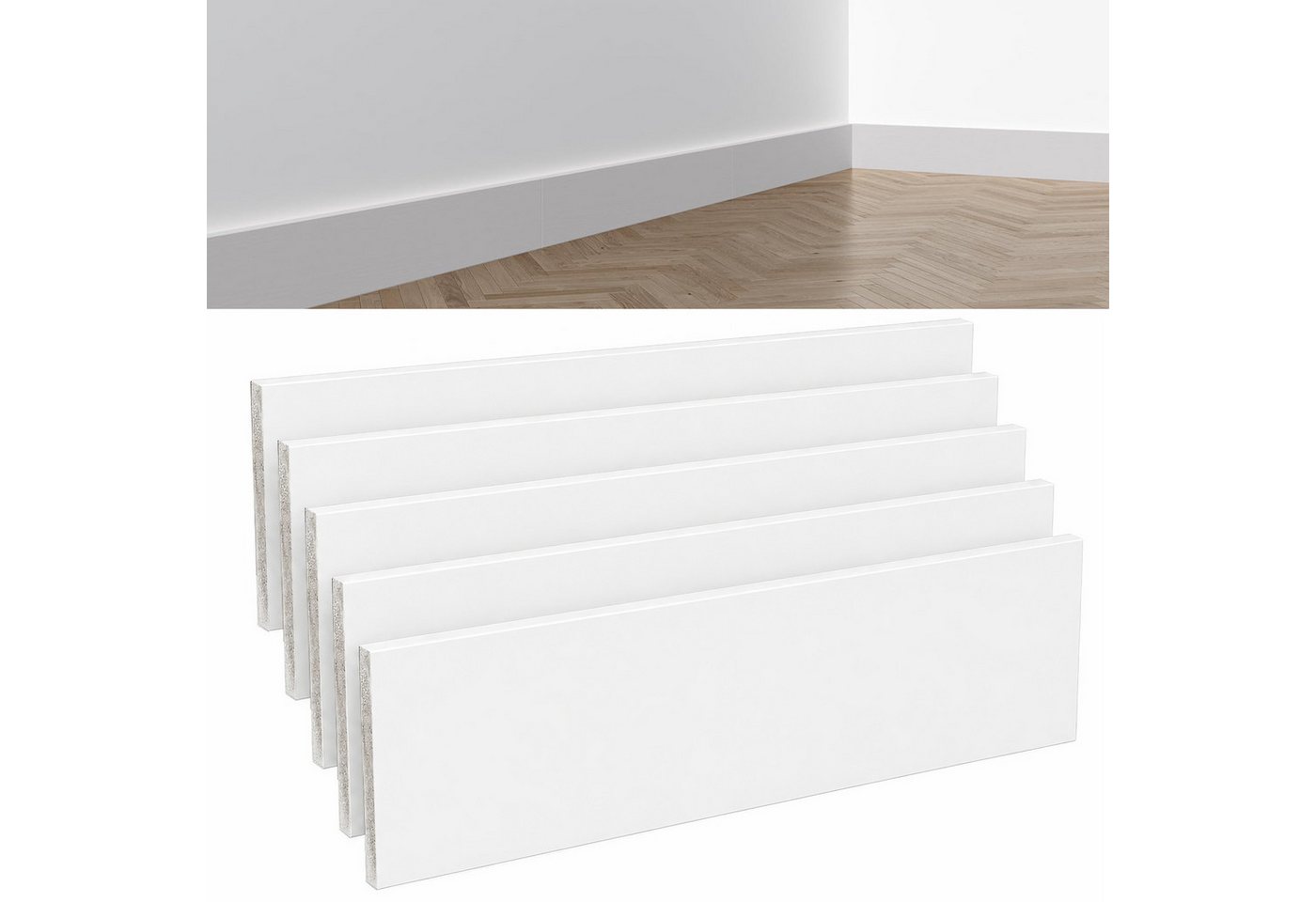 BlingBin Sockelleiste Selbstklebende, zuschneidbare Wandleiste mit PVC-Oberfläche, L: 45 cm, H: 12 cm, 5er Set, 5-St., 5 Stück, PVC Laminatleisten Fussleisten, Dekore Wandaufkleber