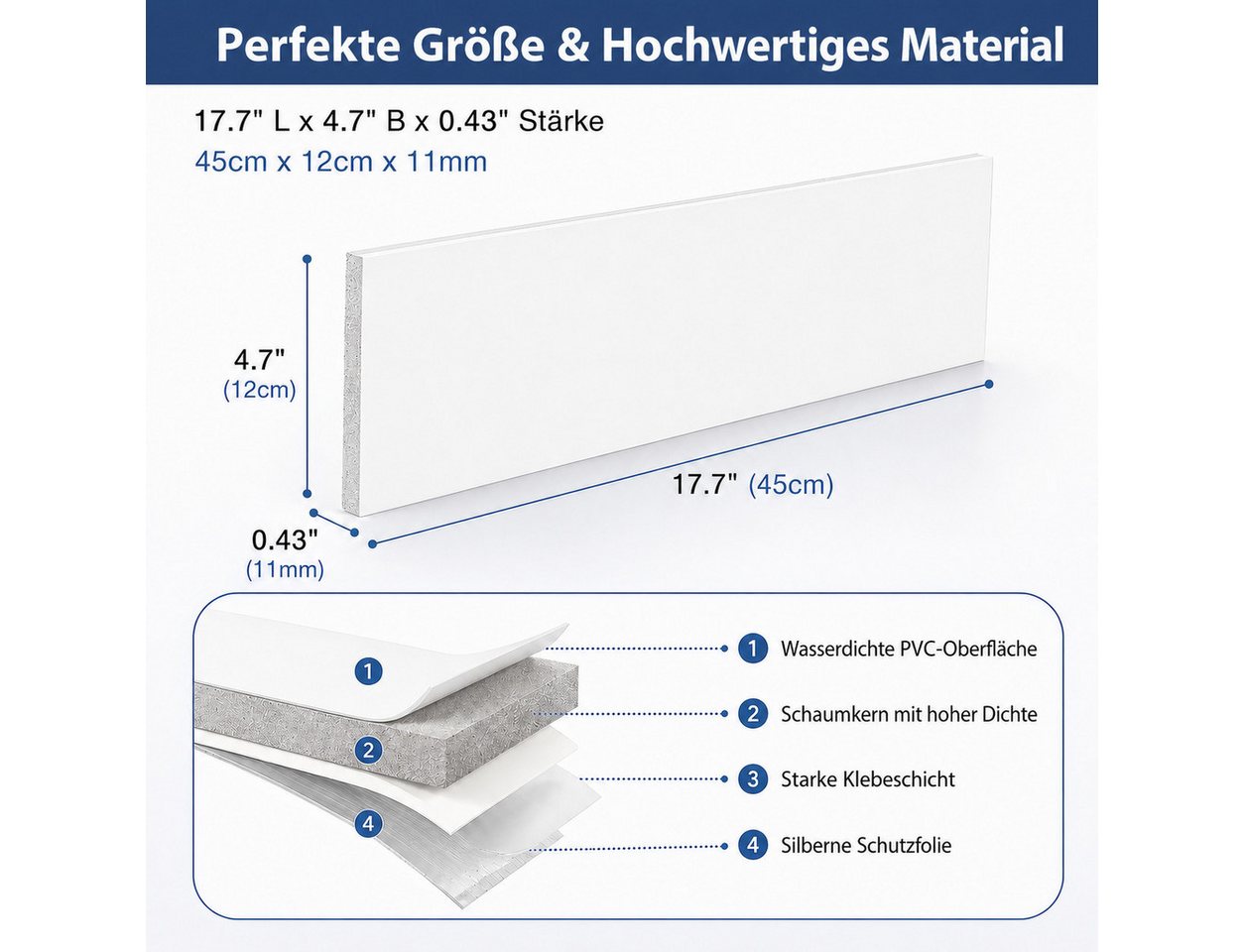 BlingBin Sockelleiste Selbstklebende, zuschneidbare Wandleiste mit PVC-Oberfläche, L: 45 cm, H: 12 cm, 5er Set, 5-St., 5 Stück, PVC Laminatleisten Fussleisten, Dekore Wandaufkleber Bild 4