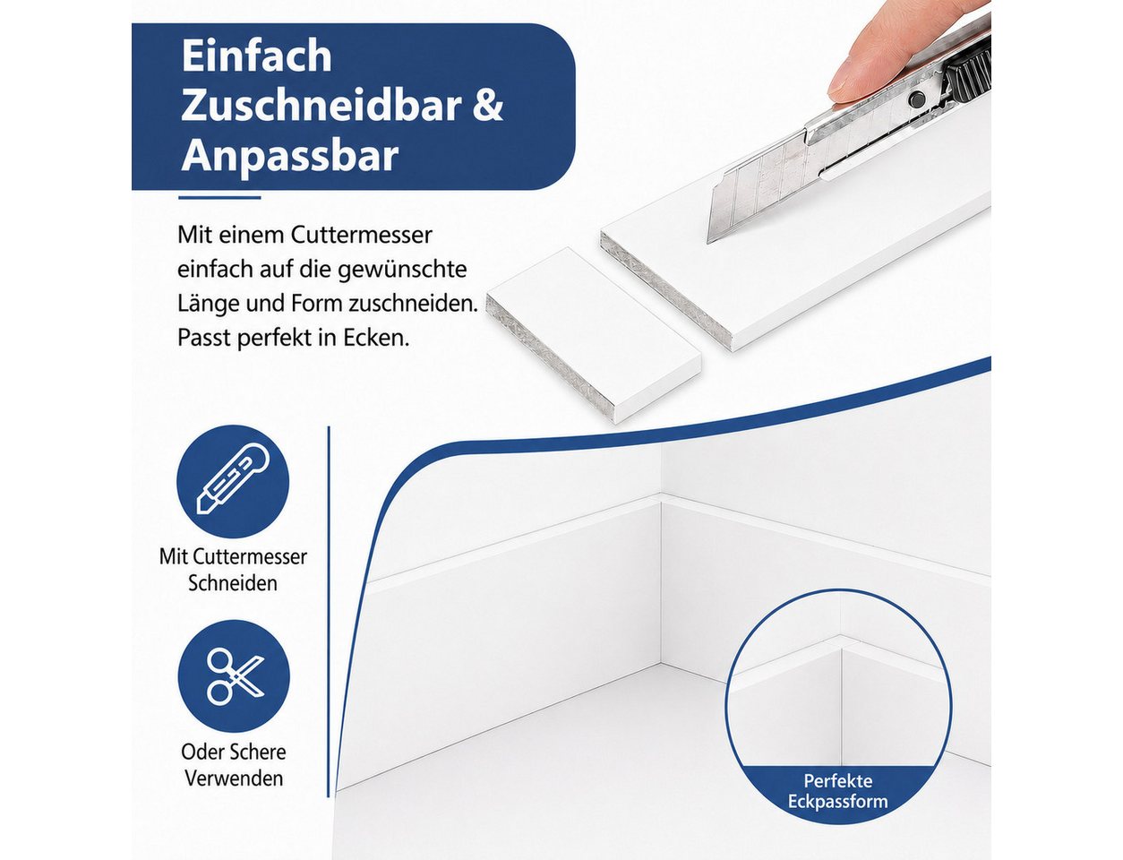 BlingBin Sockelleiste Selbstklebende, zuschneidbare Wandleiste mit PVC-Oberfläche, L: 45 cm, H: 12 cm, 5er Set, 5-St., 5 Stück, PVC Laminatleisten Fussleisten, Dekore Wandaufkleber Bild 5