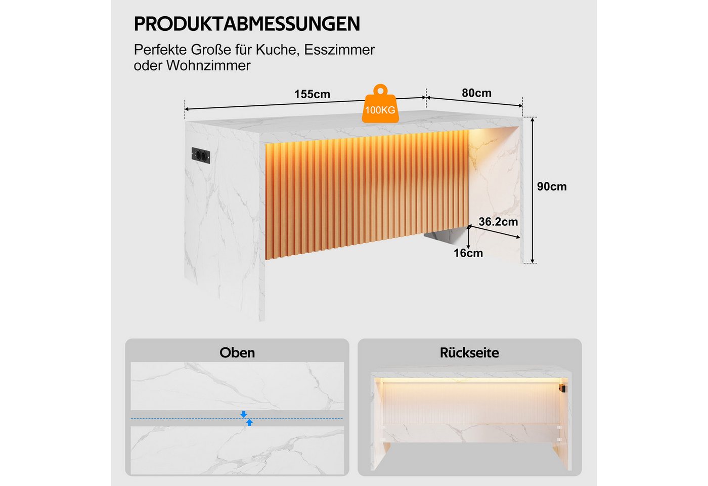 Celya Kücheninsel 155x80x90cm, mit LED-Beleuchtung, 2 Steckdosen und 2 USB, (40mm starke Arbeitsplatte, im Industrie-Design), Hocker nicht im Lieferumfang enthalten