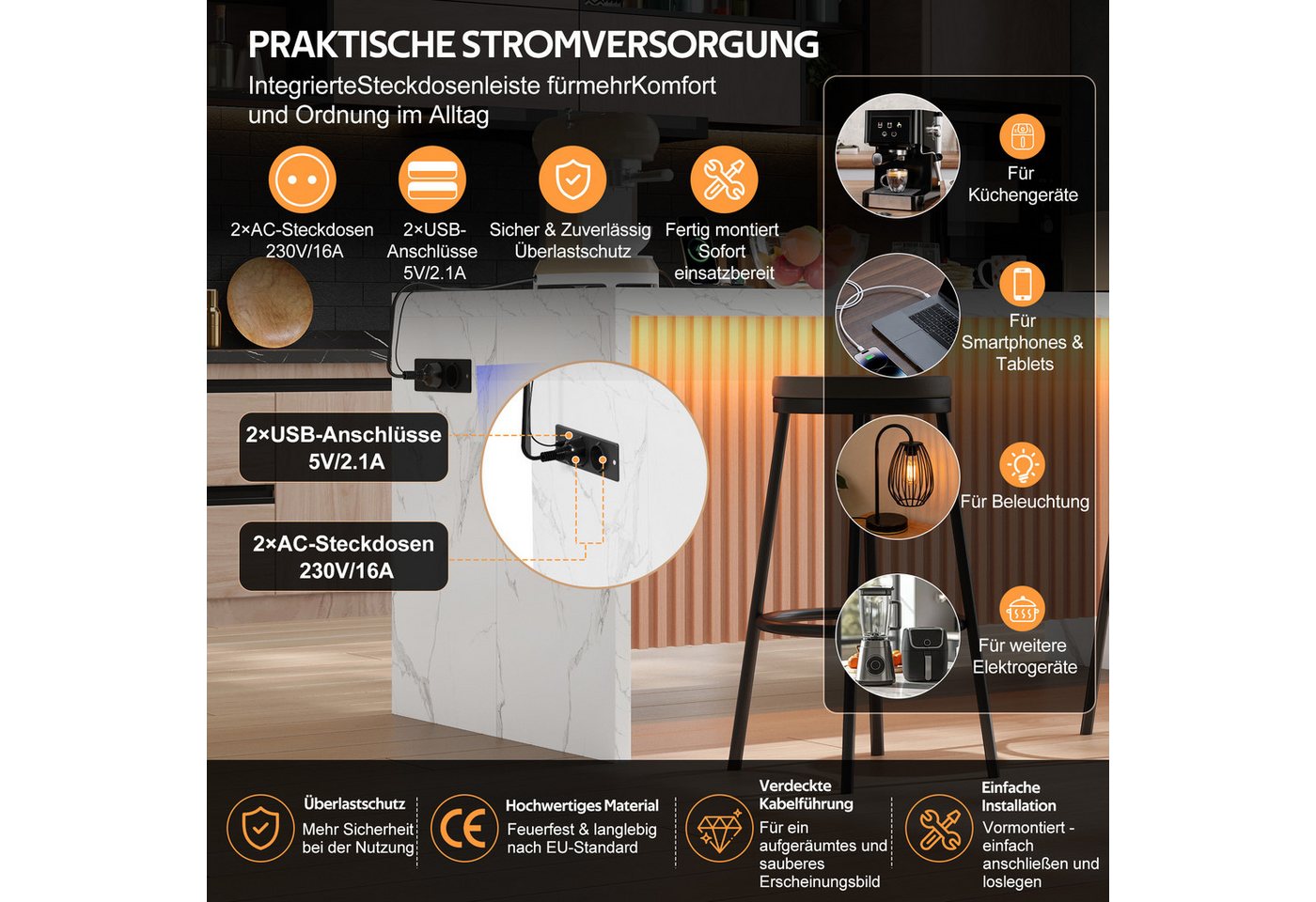 Celya Kücheninsel 155x80x90cm, mit LED-Beleuchtung, 2 Steckdosen und 2 USB, (40mm starke Arbeitsplatte, im Industrie-Design), Hocker nicht im Lieferumfang enthalten Bild 2