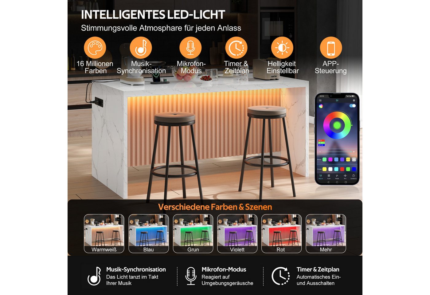 Celya Kücheninsel 155x80x90cm, mit LED-Beleuchtung, 2 Steckdosen und 2 USB, (40mm starke Arbeitsplatte, im Industrie-Design), Hocker nicht im Lieferumfang enthalten Bild 3