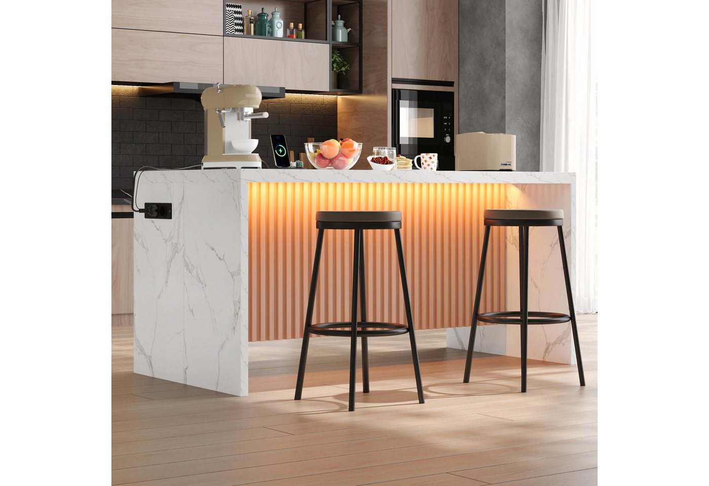 Celya Kücheninsel 155x80x90cm, mit LED-Beleuchtung, 2 Steckdosen und 2 USB, (40mm starke Arbeitsplatte, im Industrie-Design), Hocker nicht im Lieferumfang enthalten Bild 4