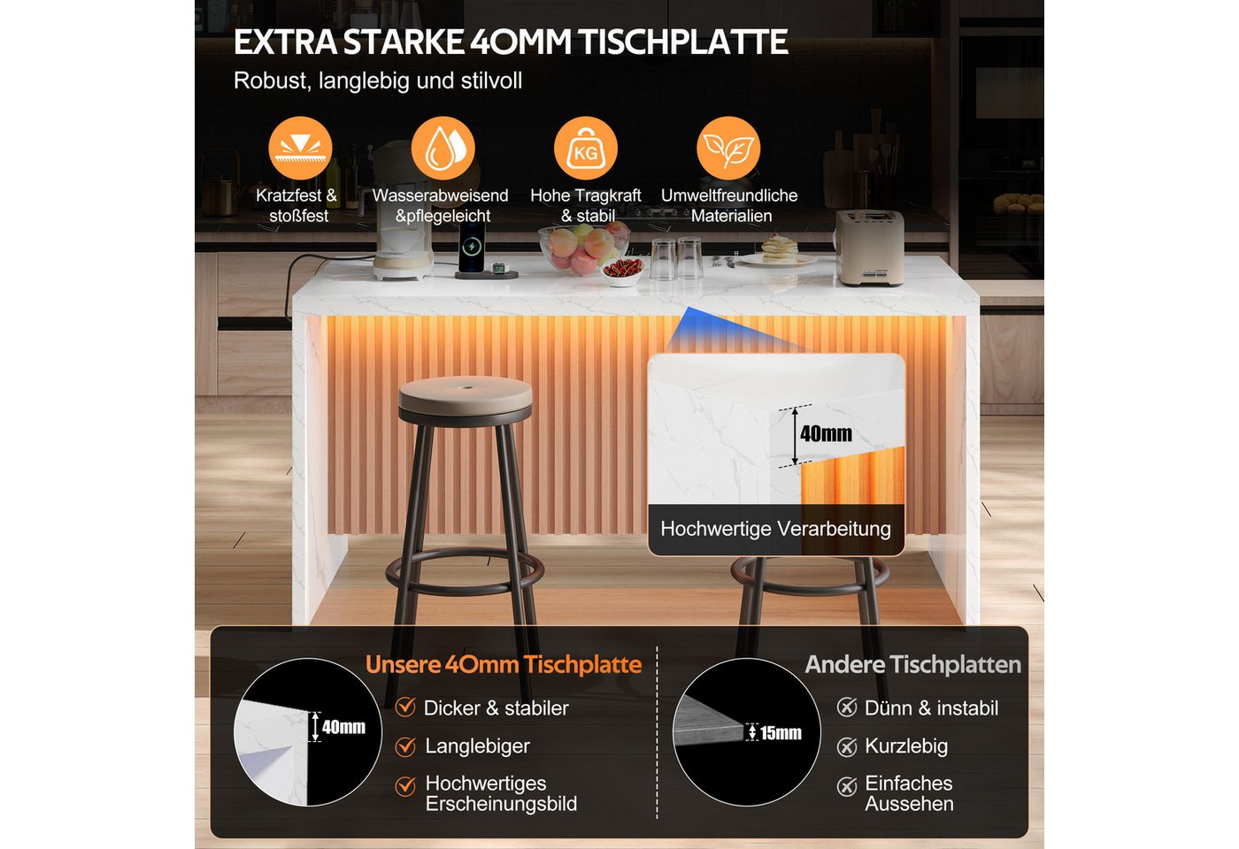 Celya Kücheninsel 155x80x90cm, mit LED-Beleuchtung, 2 Steckdosen und 2 USB, (40mm starke Arbeitsplatte, im Industrie-Design), Hocker nicht im Lieferumfang enthalten Bild 5