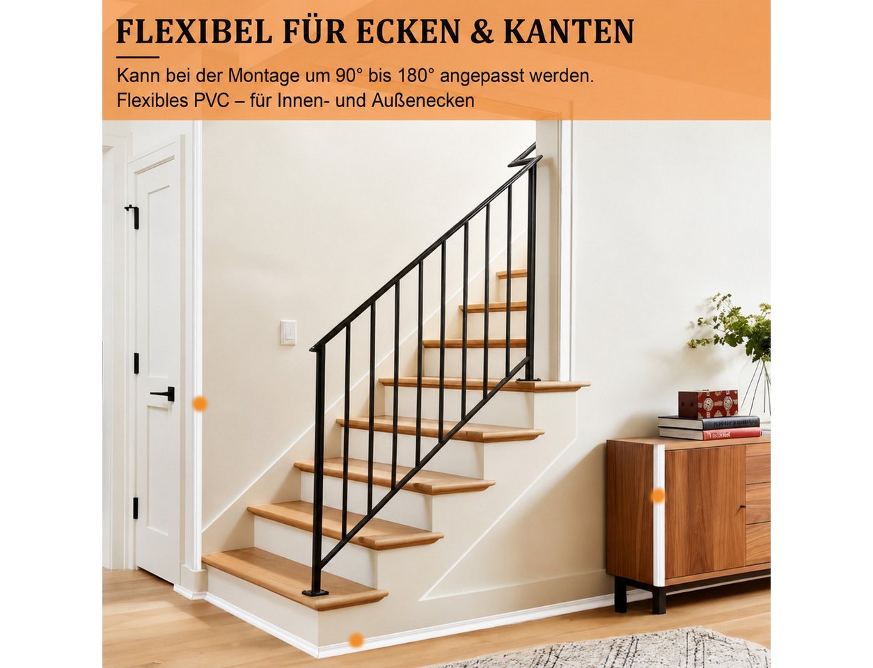 BlingBin Sockelleiste PVC Weichsockelleiste selbstklebend, Zierleisten, Kantenschutzleiste, L: 600 cm, H: 4 cm, 1er Set, 1-St., Selbstklebende Abschlussleiste, flexible Kantenschutz Wand Winkelprofil Winkelleiste Wandleisten Bild 4