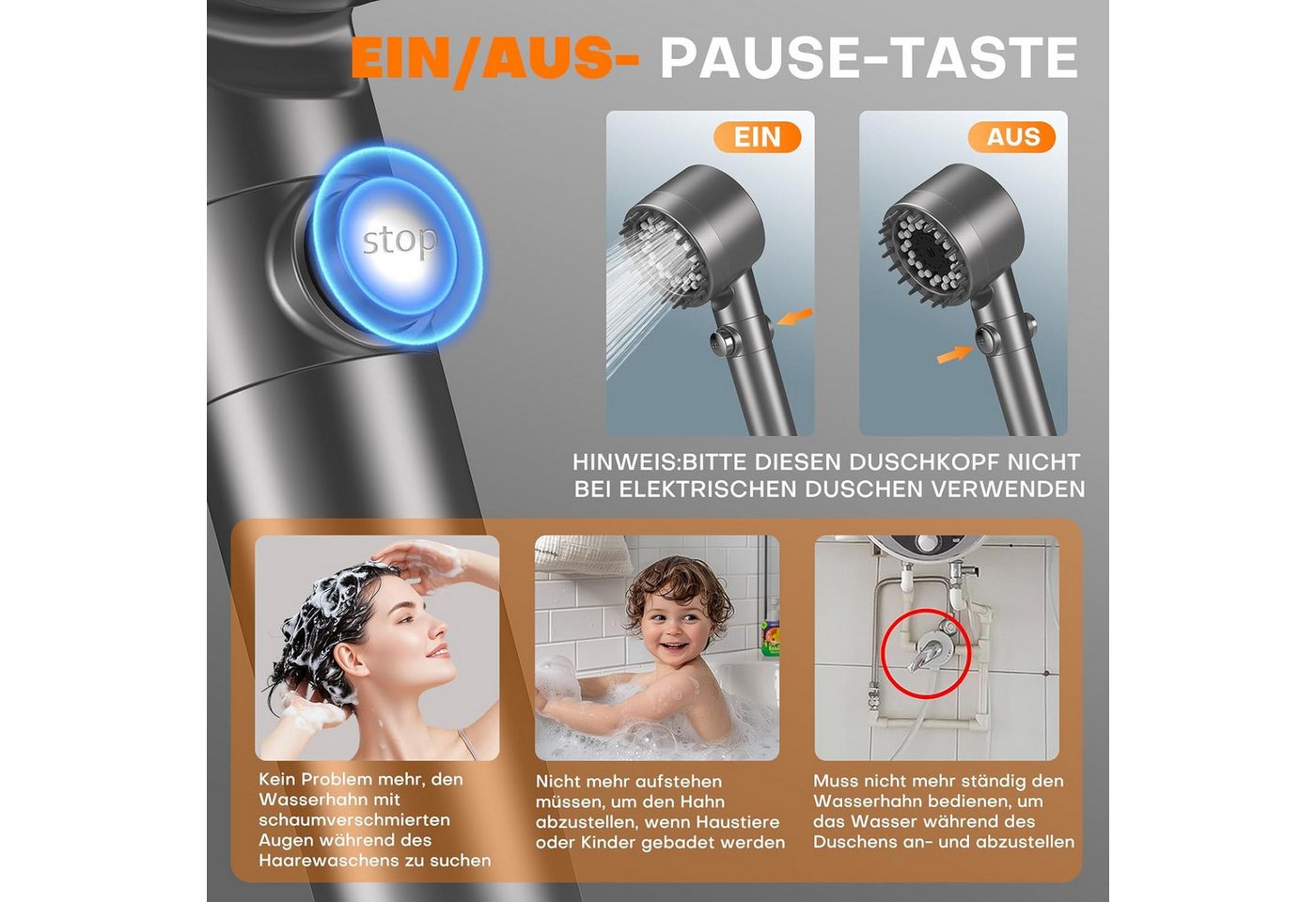 ibettertec Duschbrause Handbrause Duschkopf mit 15-stufigem Filter, 4 Strahlarten, (Hochdruck-Wassersparfunktion und Stopp-Taste, Handbrause mit, Anti-Kalk-Düsen zur), Reduzierung von Restchlor und für hartes), Wasser mit Hohem Druck(Duschkopf, Schlauch, Halterung,Montagematerial)