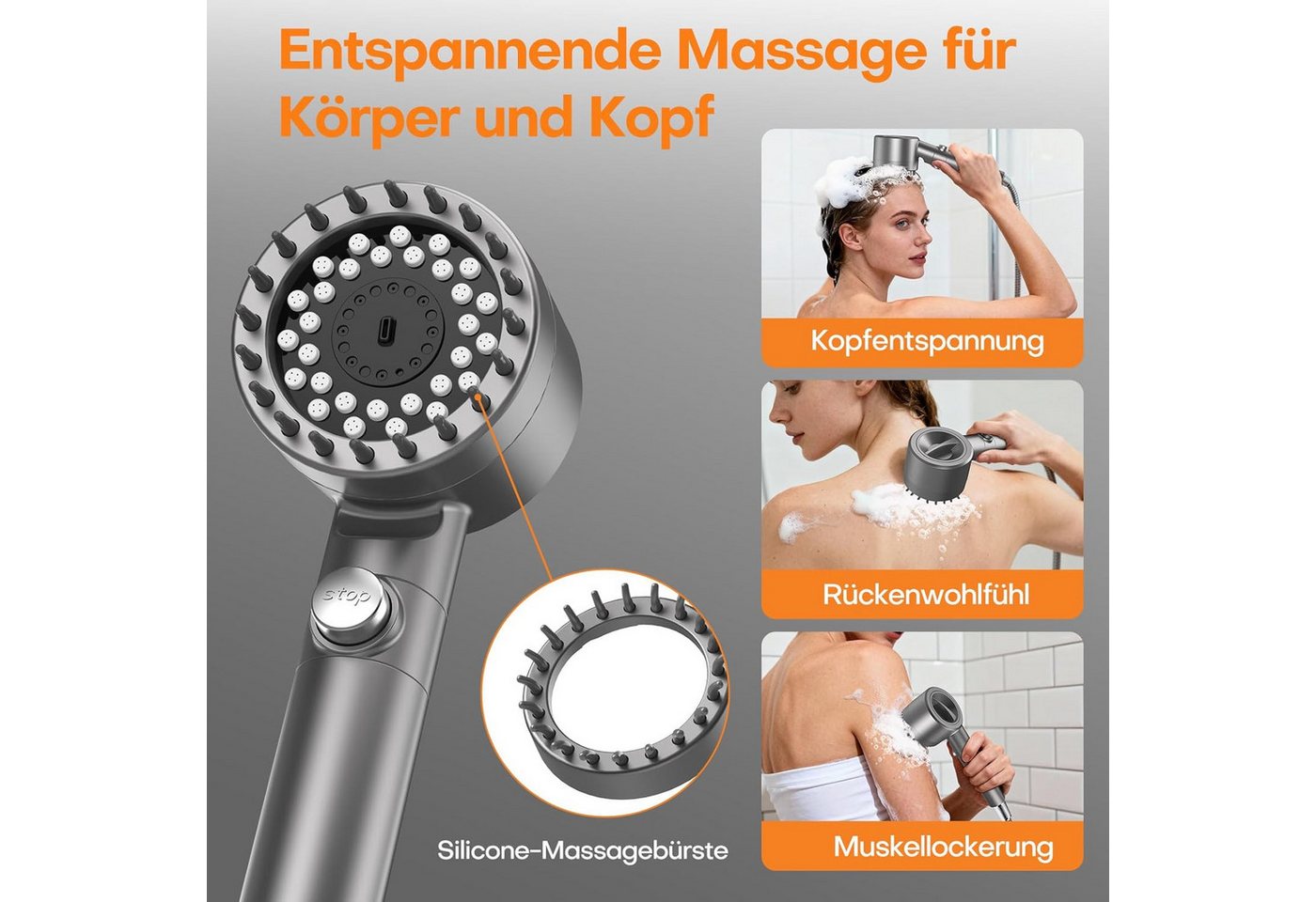 ibettertec Duschbrause Handbrause Duschkopf mit 15-stufigem Filter, 4 Strahlarten, (Hochdruck-Wassersparfunktion und Stopp-Taste, Handbrause mit, Anti-Kalk-Düsen zur), Reduzierung von Restchlor und für hartes), Wasser mit Hohem Druck(Duschkopf, Schlauch, Halterung,Montagematerial) Bild 2