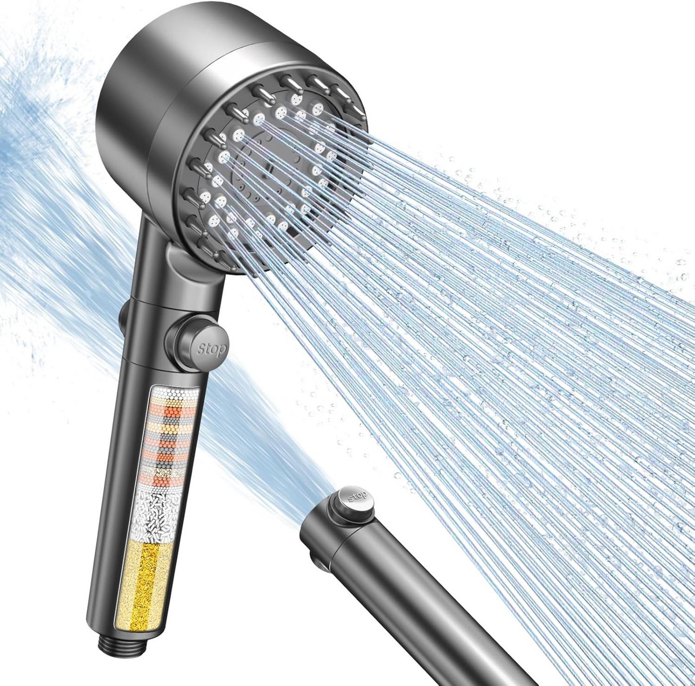 ibettertec Duschbrause Handbrause Duschkopf mit 15-stufigem Filter, 4 Strahlarten, (Hochdruck-Wassersparfunktion und Stopp-Taste, Handbrause mit, Anti-Kalk-Düsen zur), Reduzierung von Restchlor und für hartes), Wasser mit Hohem Druck(Duschkopf, Schlauch, Halterung,Montagematerial) Bild 4
