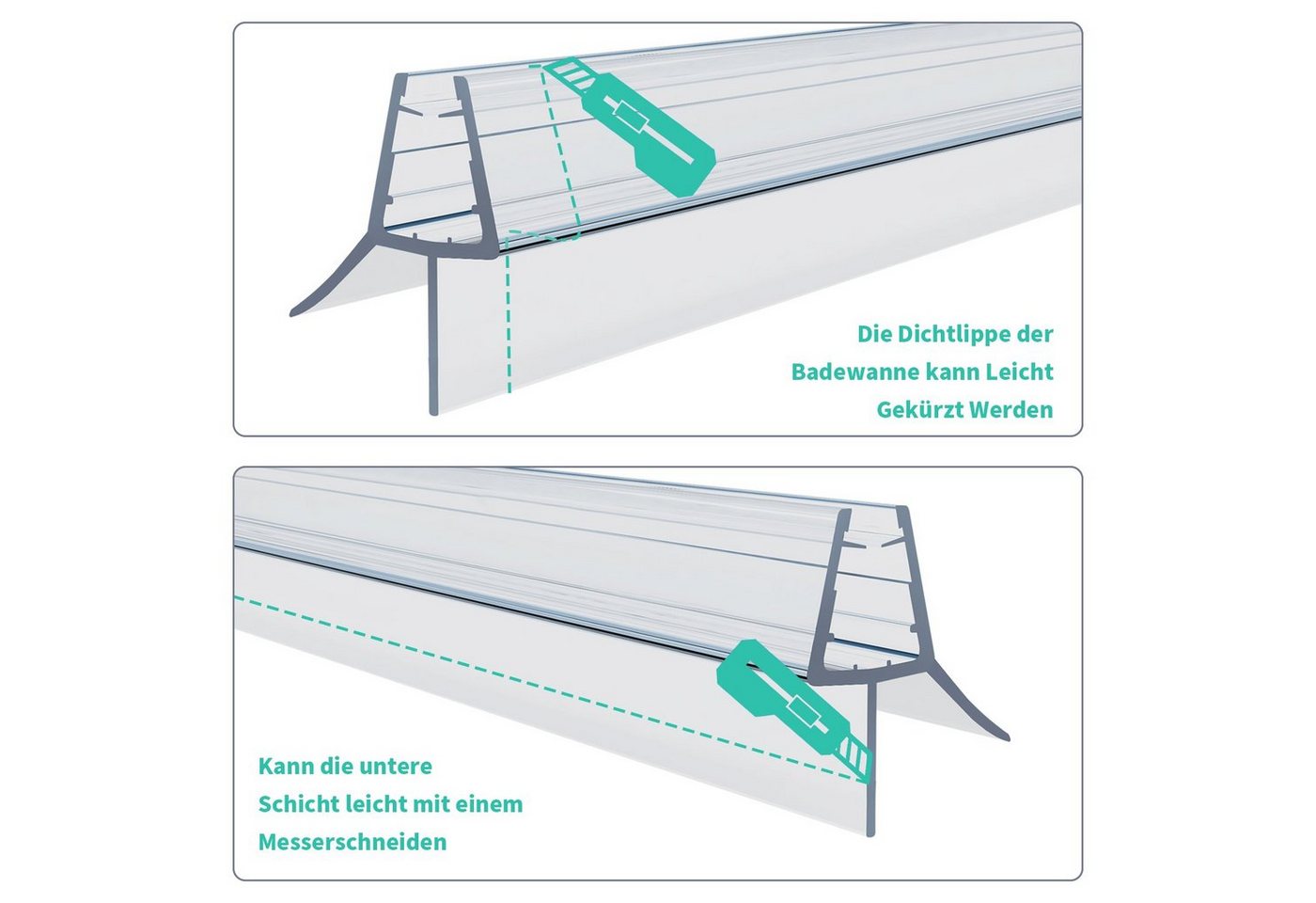 Boromal Duschdichtung 2 4 Stück Ersatzdichtung Wasserabweiser für 4/5/6mm Glas, L: 100 cm, (Schwallschutz, 4-St., für Glastür Duschtür Duschkabine), mit zwei Lippen Bild 3