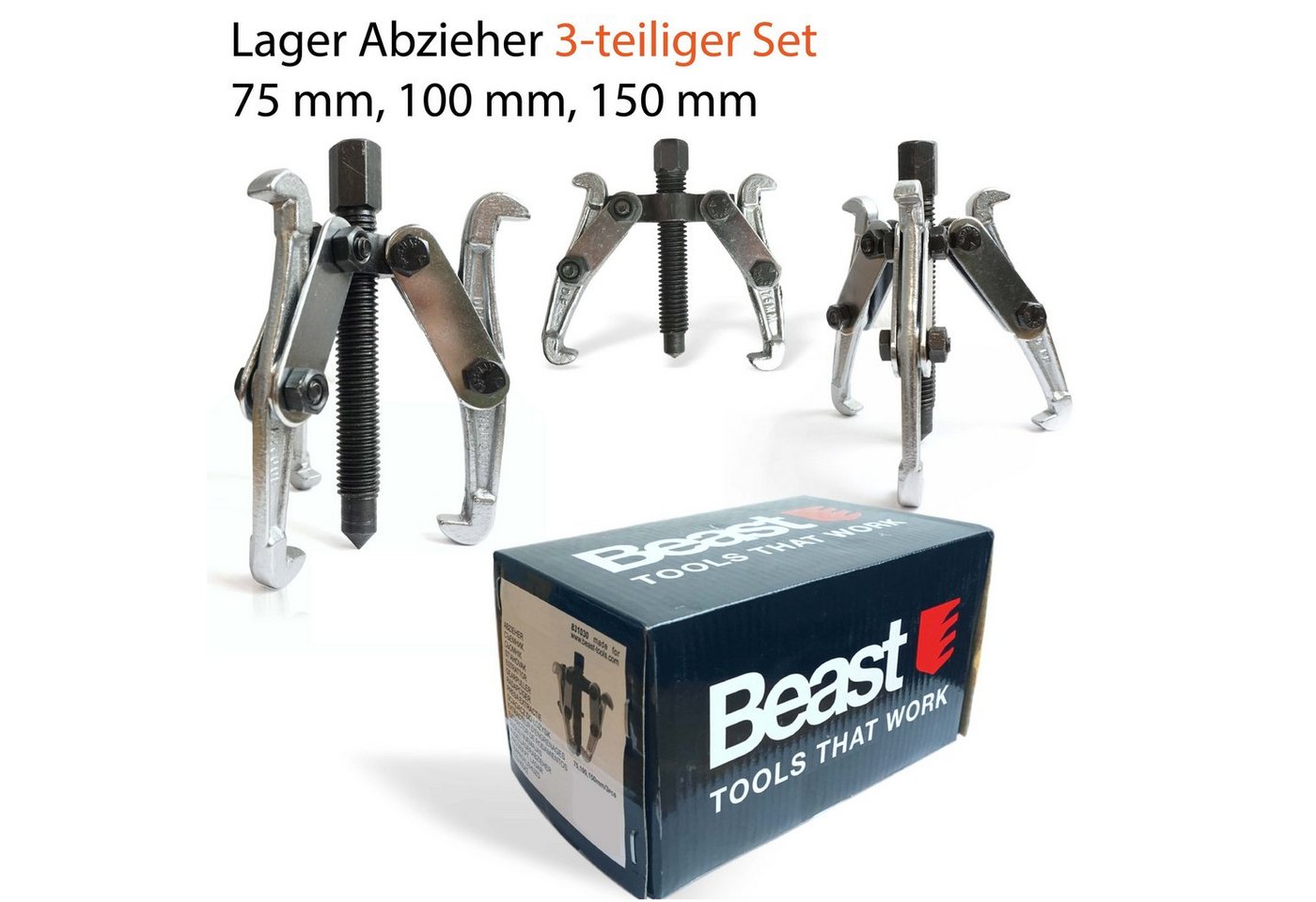 Jb - Perfect Radnabenabzieher Abzieher Werkzeug Lager 3-tlg. 75, 100, 150 mm Kugellager Innen Außen, verchromt