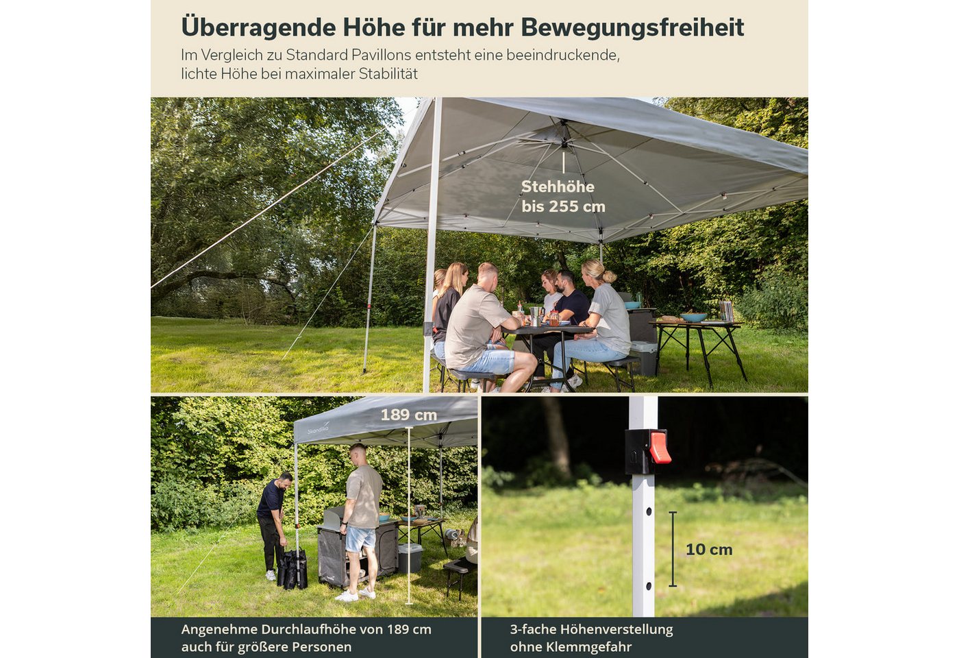 Skandika Pavillon Solvorn, Pop Up Faltpavillon, Stahlgestell, Wasserabweisend, (mit 2 integrierten Transportrollen, einfache Montage), patentierter Einhand-Mechanismus, UV-Schutz 50+, wetterfest Gartenzelt
