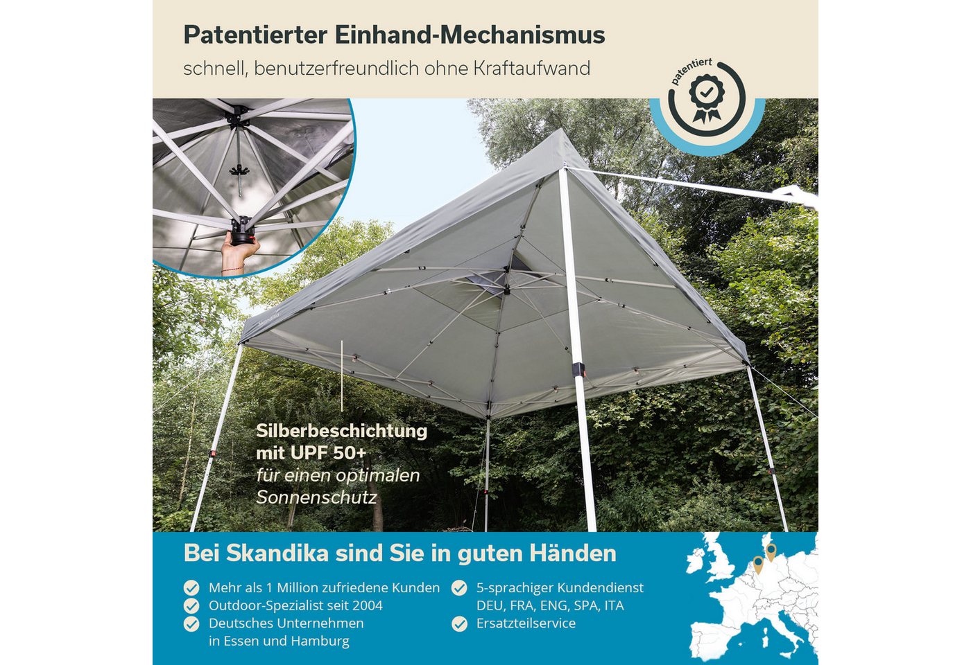 Skandika Pavillon Solvorn, Pop Up Faltpavillon, Stahlgestell, Wasserabweisend, (mit 2 integrierten Transportrollen, einfache Montage), patentierter Einhand-Mechanismus, UV-Schutz 50+, wetterfest Gartenzelt Bild 2