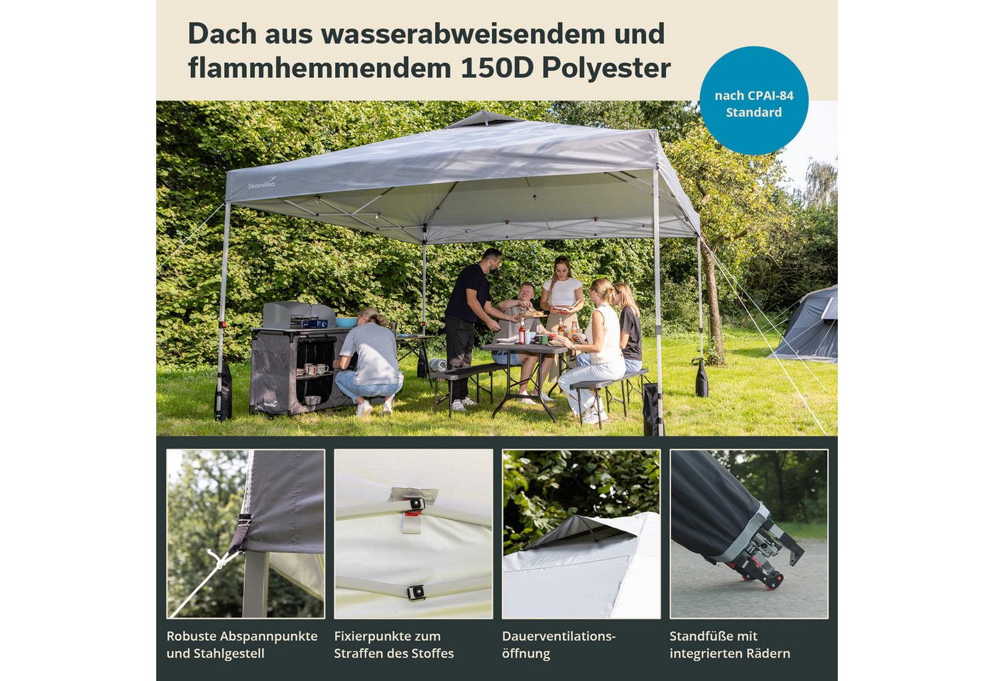 Skandika Pavillon Solvorn, Pop Up Faltpavillon, Stahlgestell, Wasserabweisend, (mit 2 integrierten Transportrollen, einfache Montage), patentierter Einhand-Mechanismus, UV-Schutz 50+, wetterfest Gartenzelt Bild 4