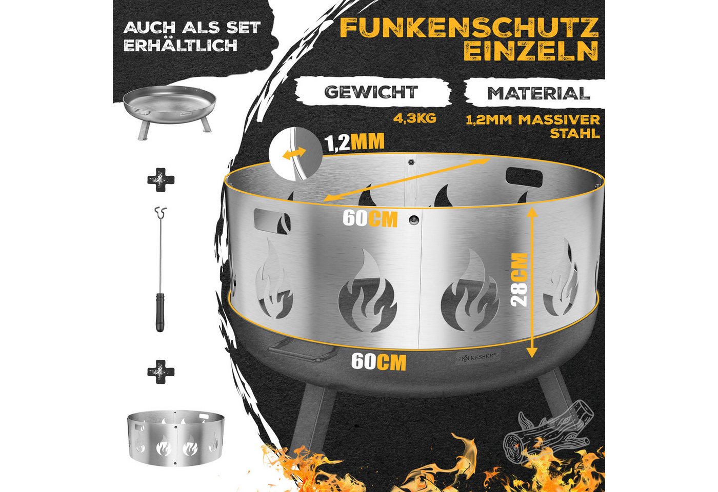 KESSER Feuerschale Funkenschutz für Feuerschale aus legiertem Stahl 1,2mm Stahldicke, (inklusive Schraubenset), Feuerschutz Ø60cm kompatibel mit vielen gängigen Feuerschalen Bild 3