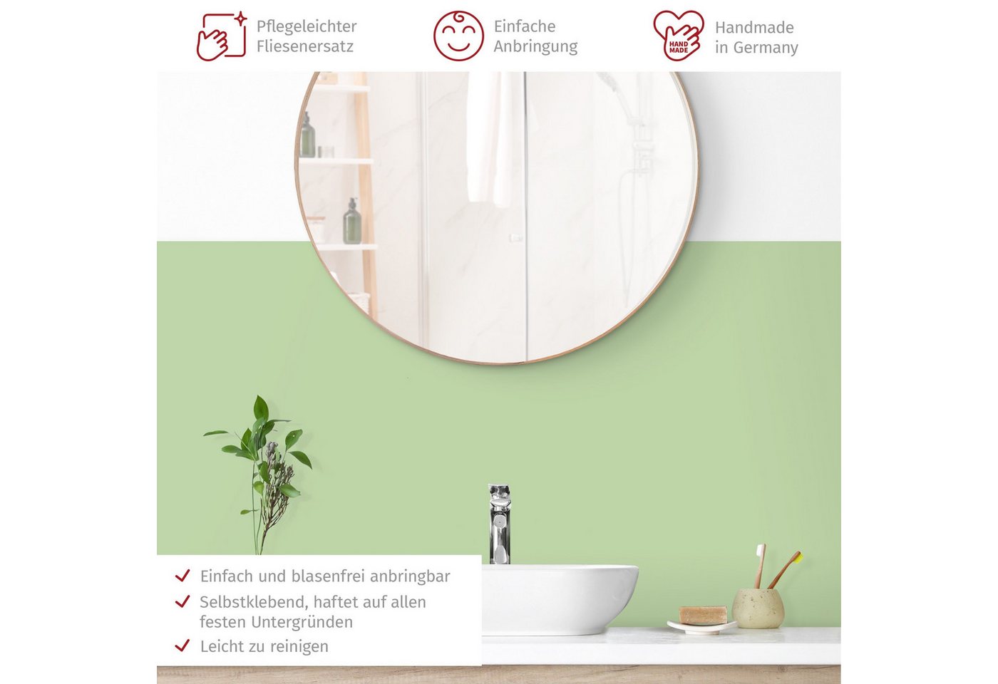 Bilderdepot24 Badrückwand grün fugenlose Wandverkleidung Bad Unifarben, (Hartfolie matt » Selbstklebend SMART 0,35 mm), wasserfestes Wandpaneel Mint Bild 4